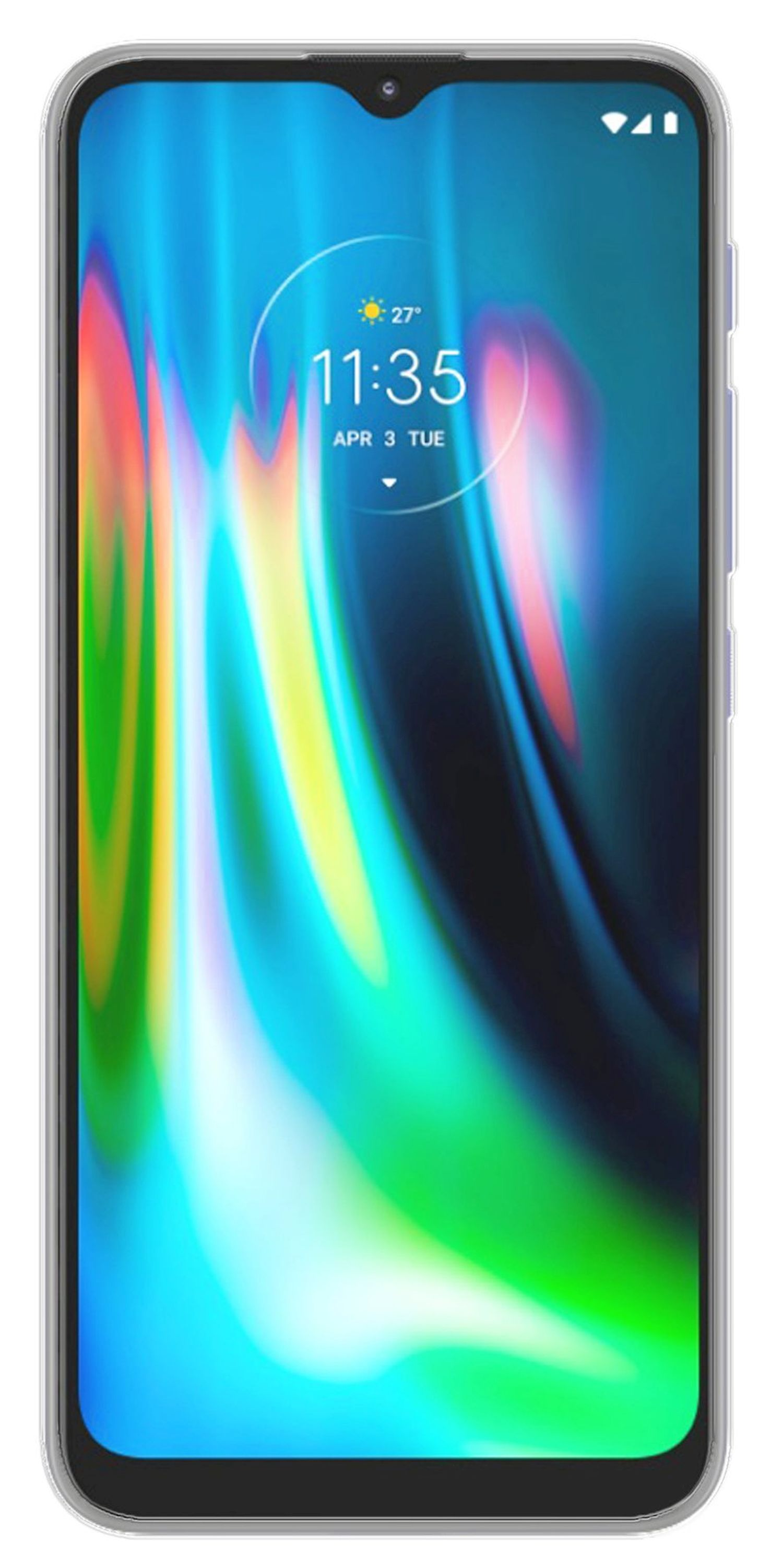 Smartphone mit blau, grün und gelb gestreiften Bildschirm, Uhrzeit 11:35. Graues Gehäuse.
