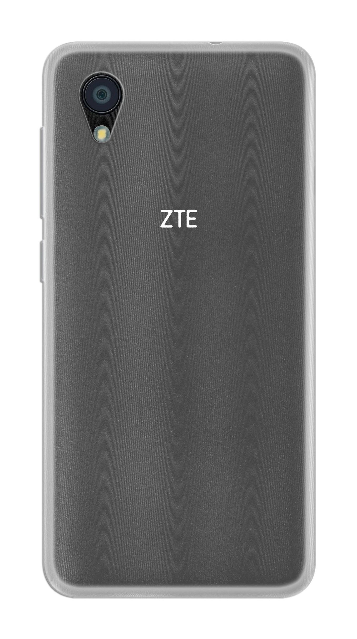 Graue ZTE-Telefonrückseite mit ZTE-Logo und Kamera. Klare Hülle um das Telefon.
