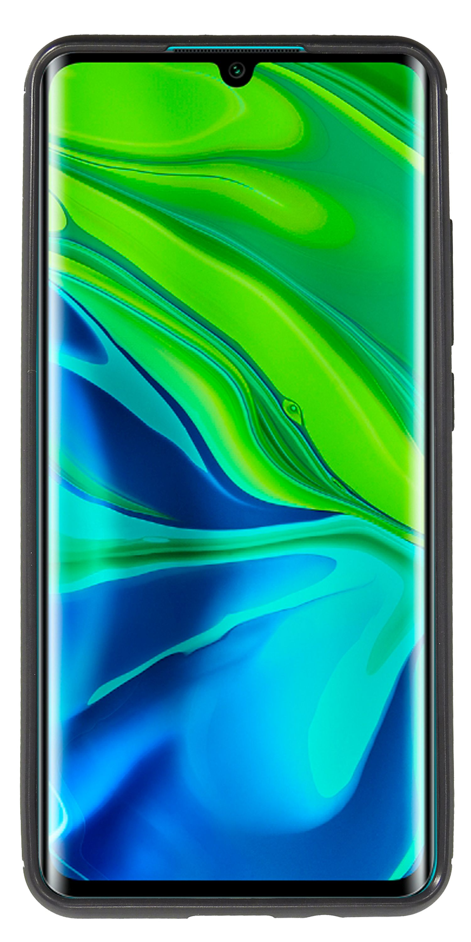 Ein Smartphone mit grünem und blauem Bildschirm. Das Telefon ist schwarz und hat eine Frontkamera.