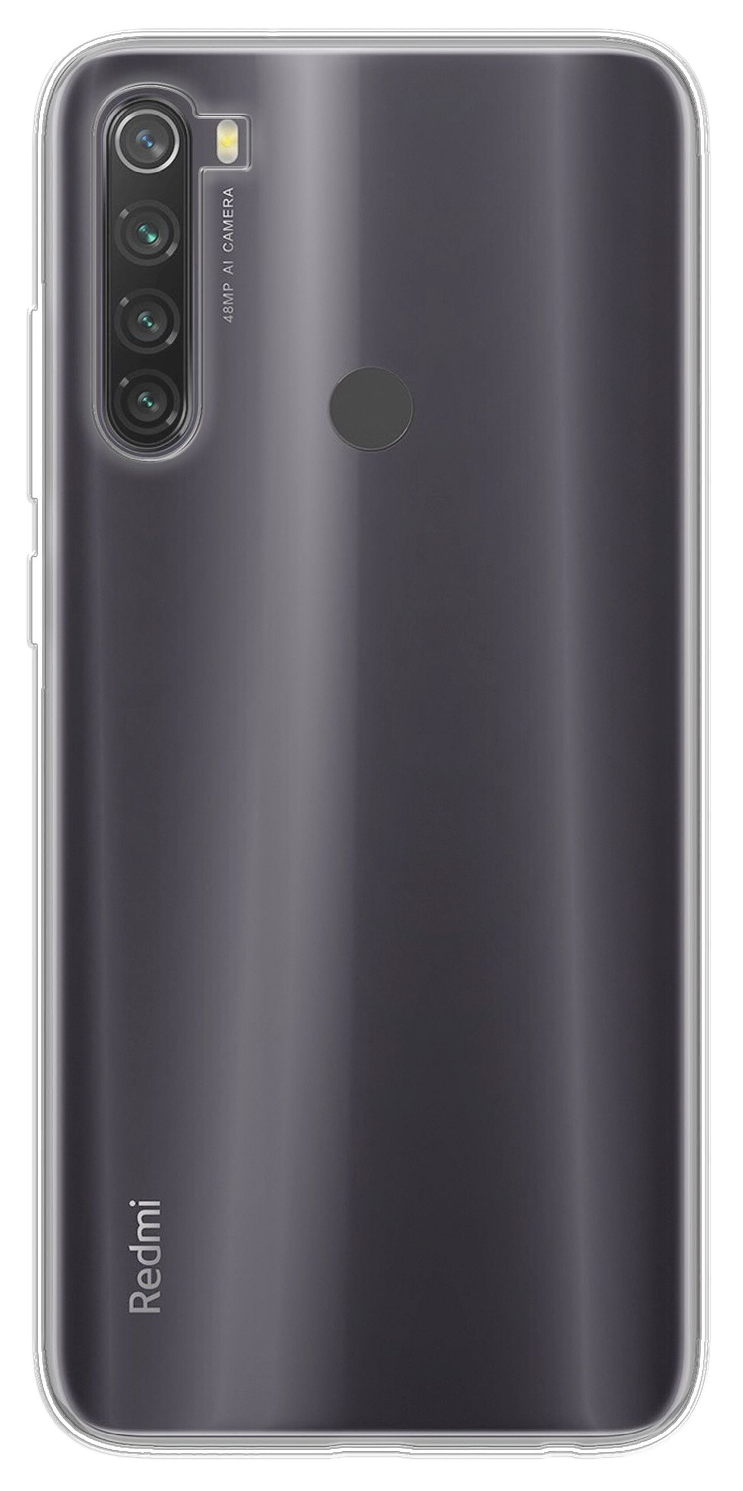 Transparente Handyhülle auf einem schwarzen Telefon. Vier Kameralinsen sind sichtbar.