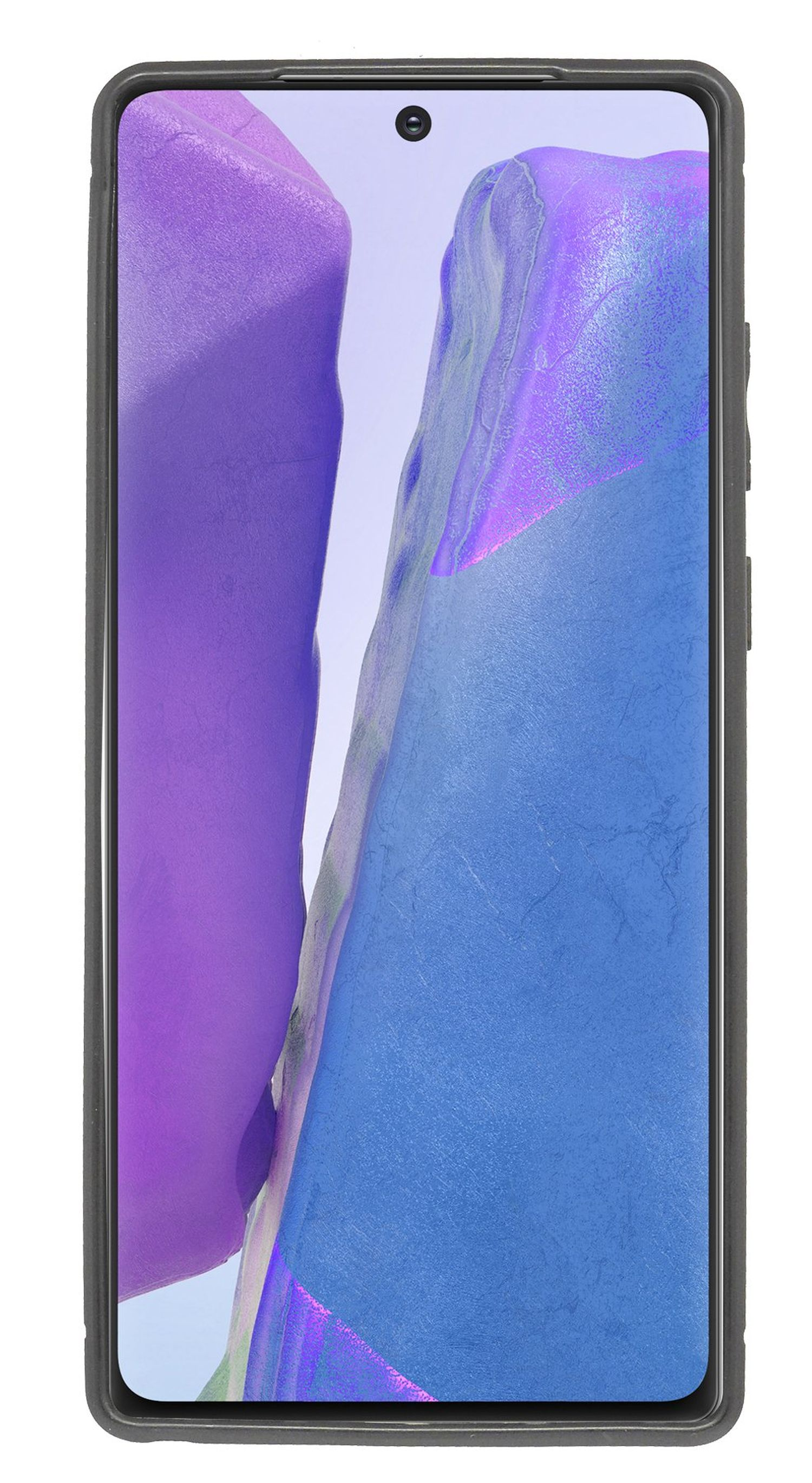 Smartphone, das ein blau-lila abstraktes Bild anzeigt. Das Telefon befindet sich in einer Hülle. Weißer Hintergrund.