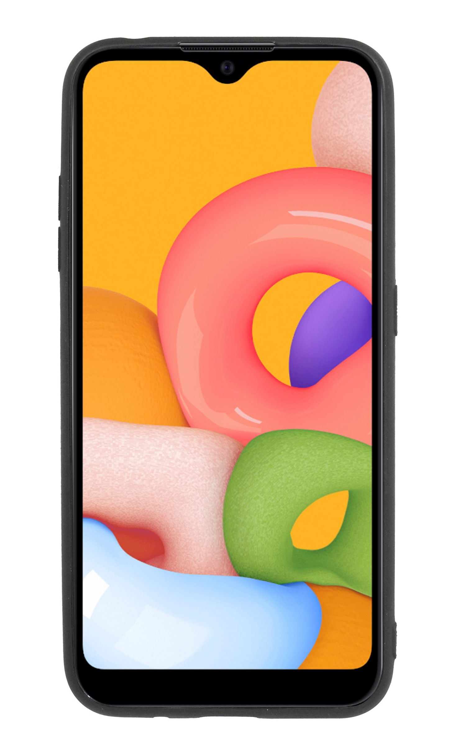 Ein Telefon mit einem Bildschirm, der bunte Formen innerhalb einer schwarzen Handyhülle zeigt.