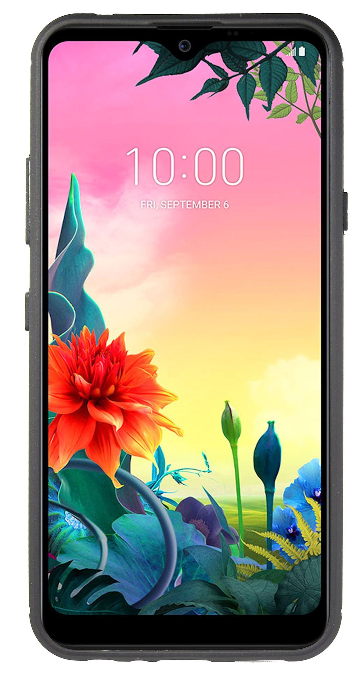 Smartphone mit farbenfrohem Blumenn-Hintergrund. Uhrzeit ist 10:00 Uhr, Freitag, 6. September.