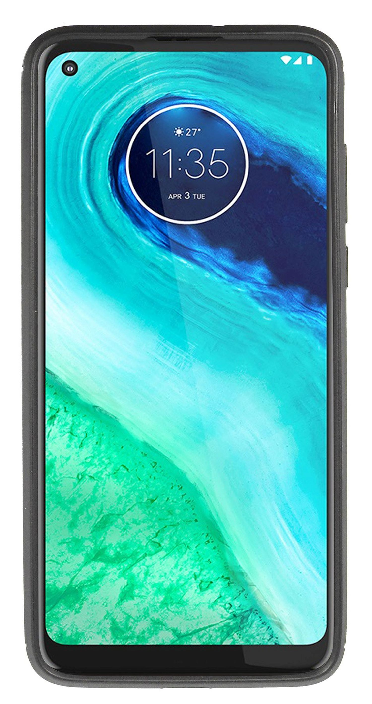 Ein schwarzes Telefon mit großem Bildschirm, der ein buntes abstraktes Design und die Zeit anzeigt.