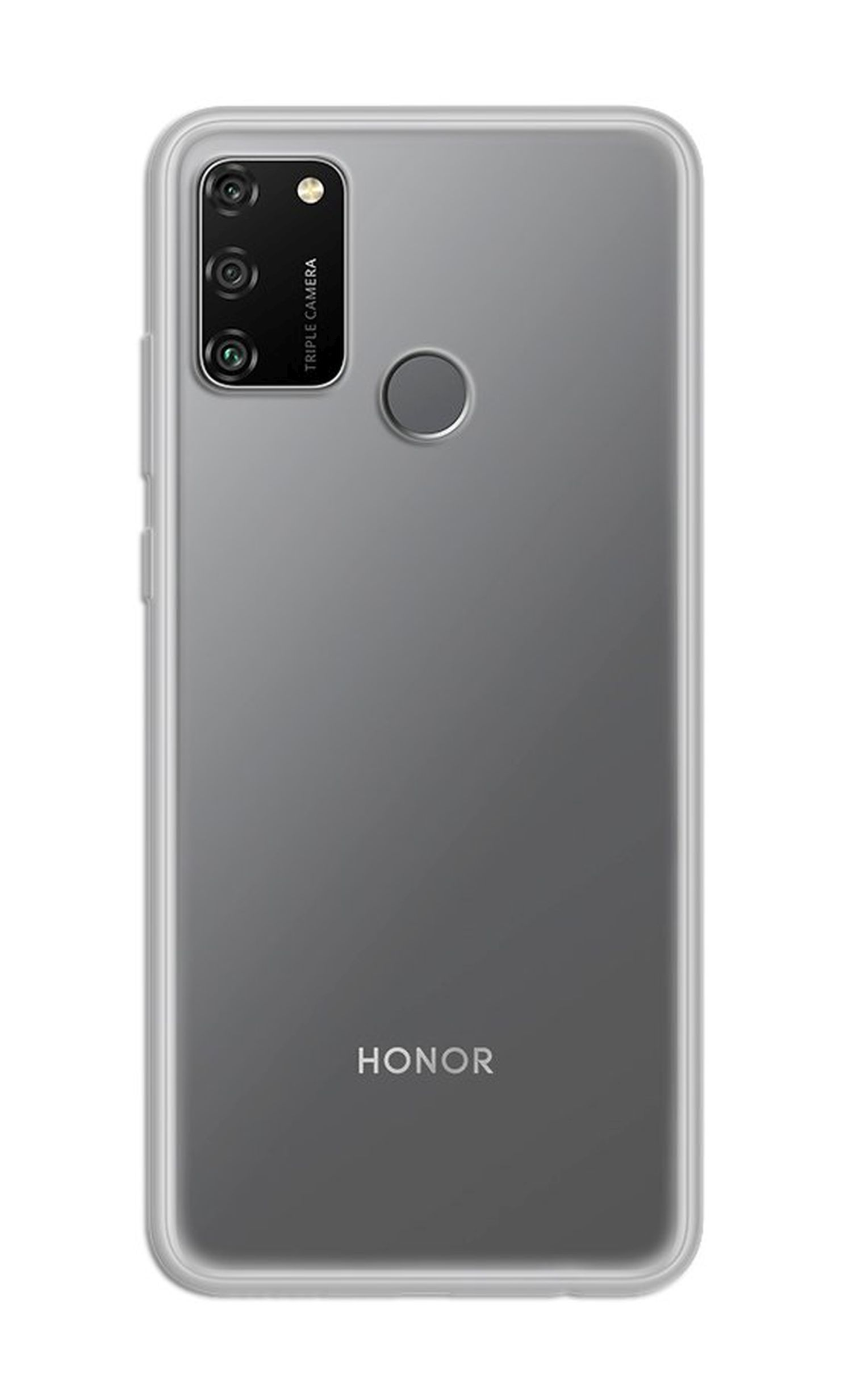 Smartphone-Rückseite, grau mit Dreifachkamera und HONOR-Logo, transparente Ränder, auf weißem Grund.