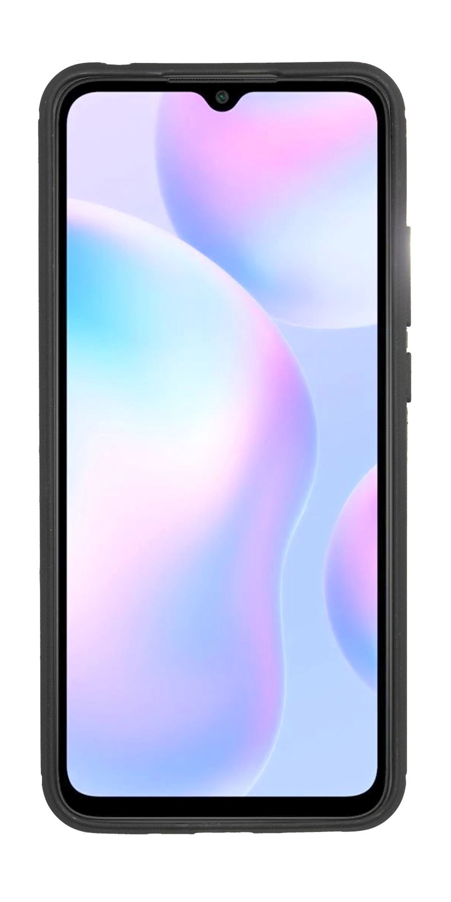 Eine schwarze Handyhülle für ein Smartphone. Die Handyhülle hat einen Bildschirm und eine Frontkamera.