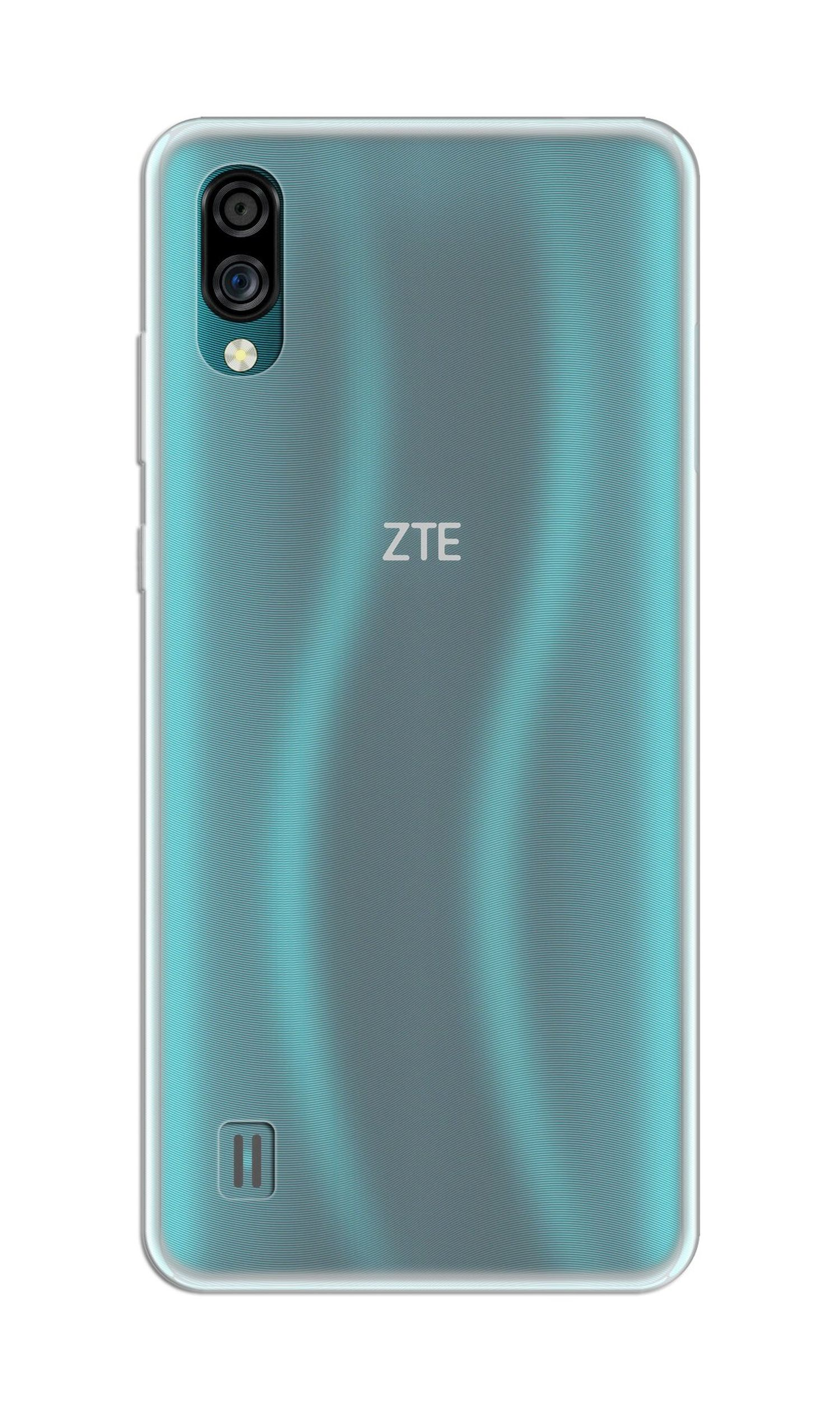 Türkisfarbene ZTE-Telefonrückseite mit ZTE-Logo und Kamera. Klare Hülle um das Telefon.