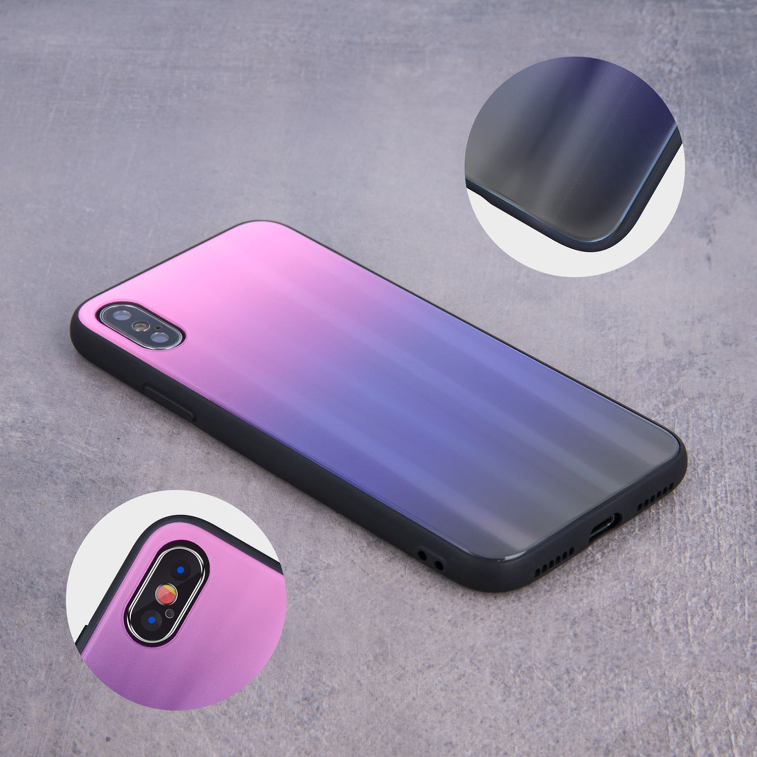 Eine Smartphone-Hülle mit Gradienten-Design wird aus der Nähe gezeigt. Die Hülle ist lila und schwarz.