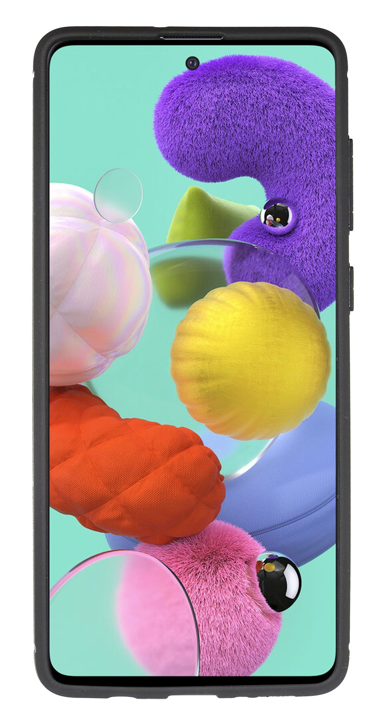 Ein Smartphone in einer schwarzen Hülle, mit bunten abstrakten Formen auf dem Bildschirm.