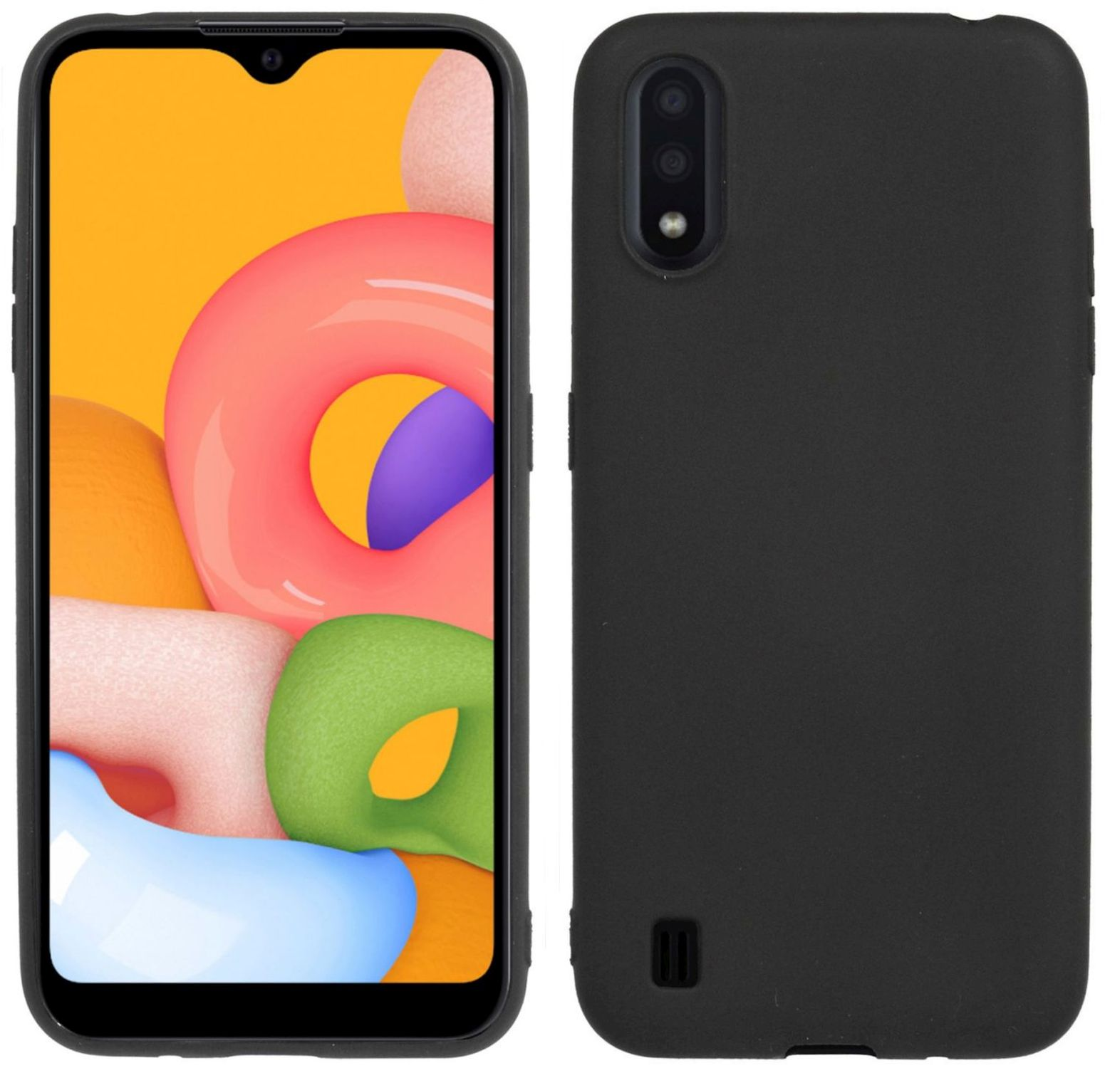 Schwarzes Telefon mit orangefarbenem Hintergrundbild und schwarzer Hülle. Dual-Kamera sichtbar.