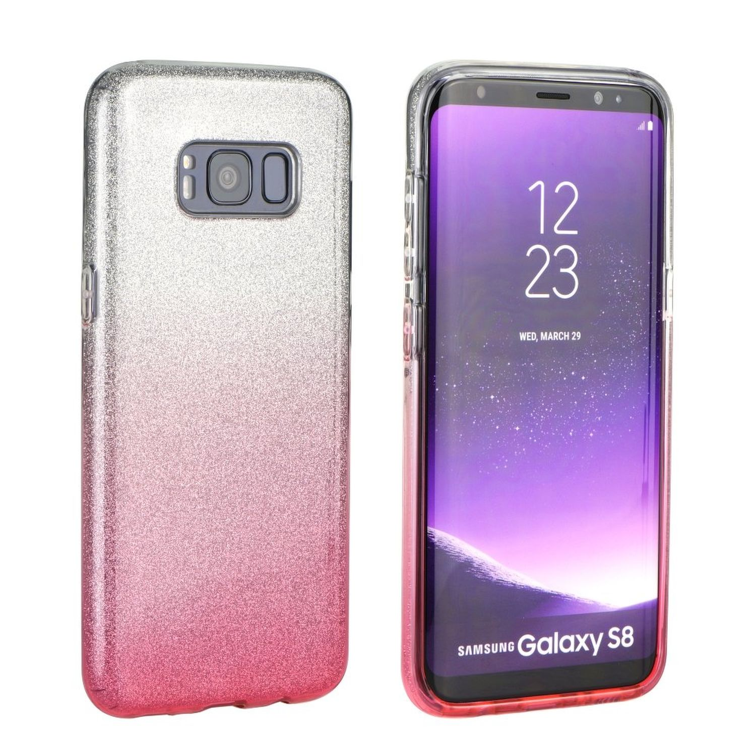 Handyhülle mit rosa zu silberfarbenem Farbverlauf, zeigt einen Telefonbildschirm.