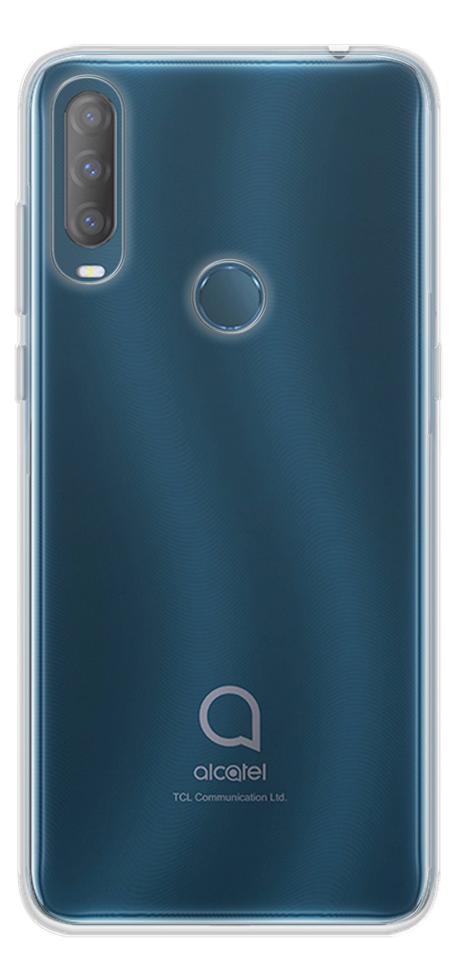 Transparente Handyhülle auf blauem Telefon. Kamera und Alcatel-Logo auf der Rückseite.