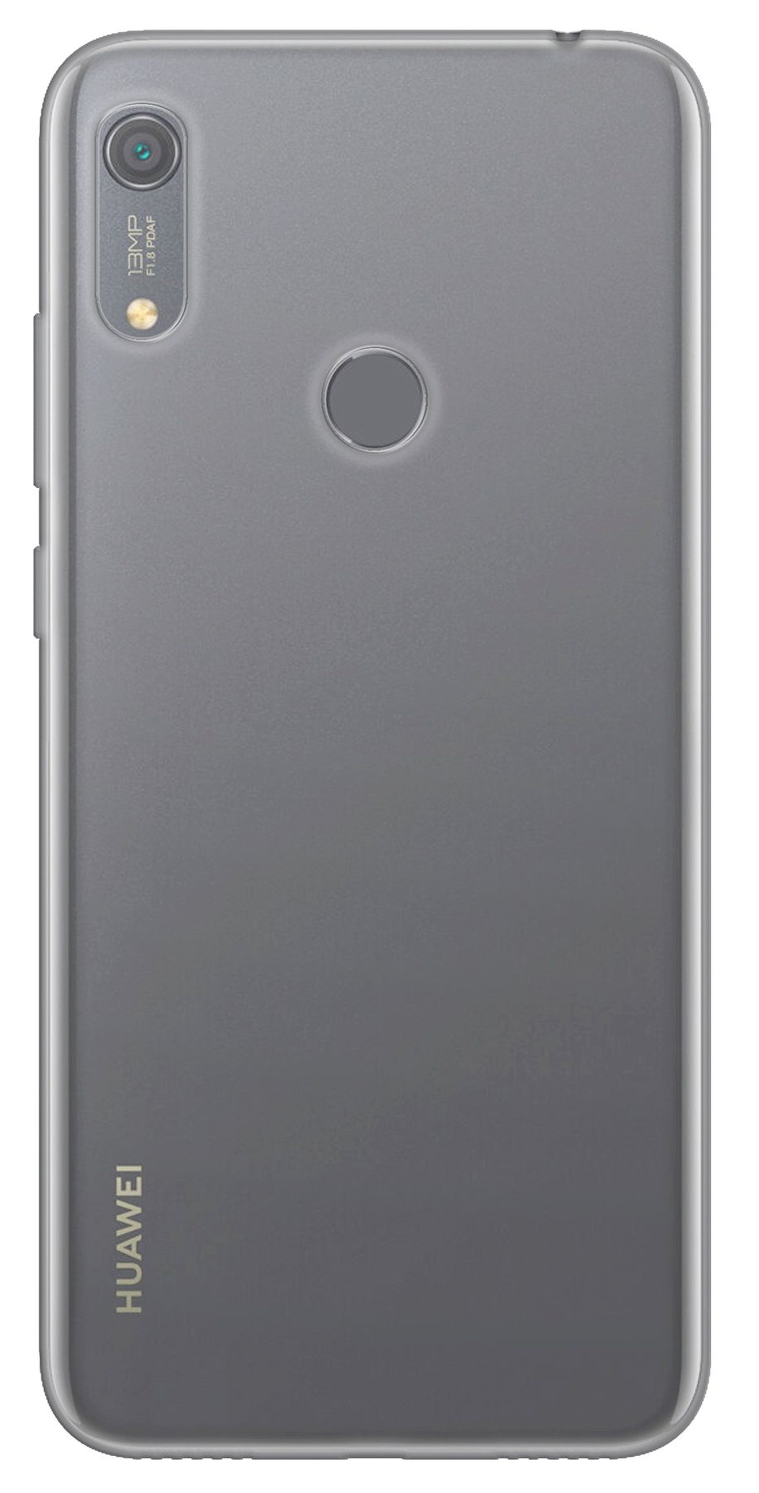 Graue Telefonrückseite mit klarer Hülle. Huawei-Logo sichtbar. Einzelne Kameralinse.