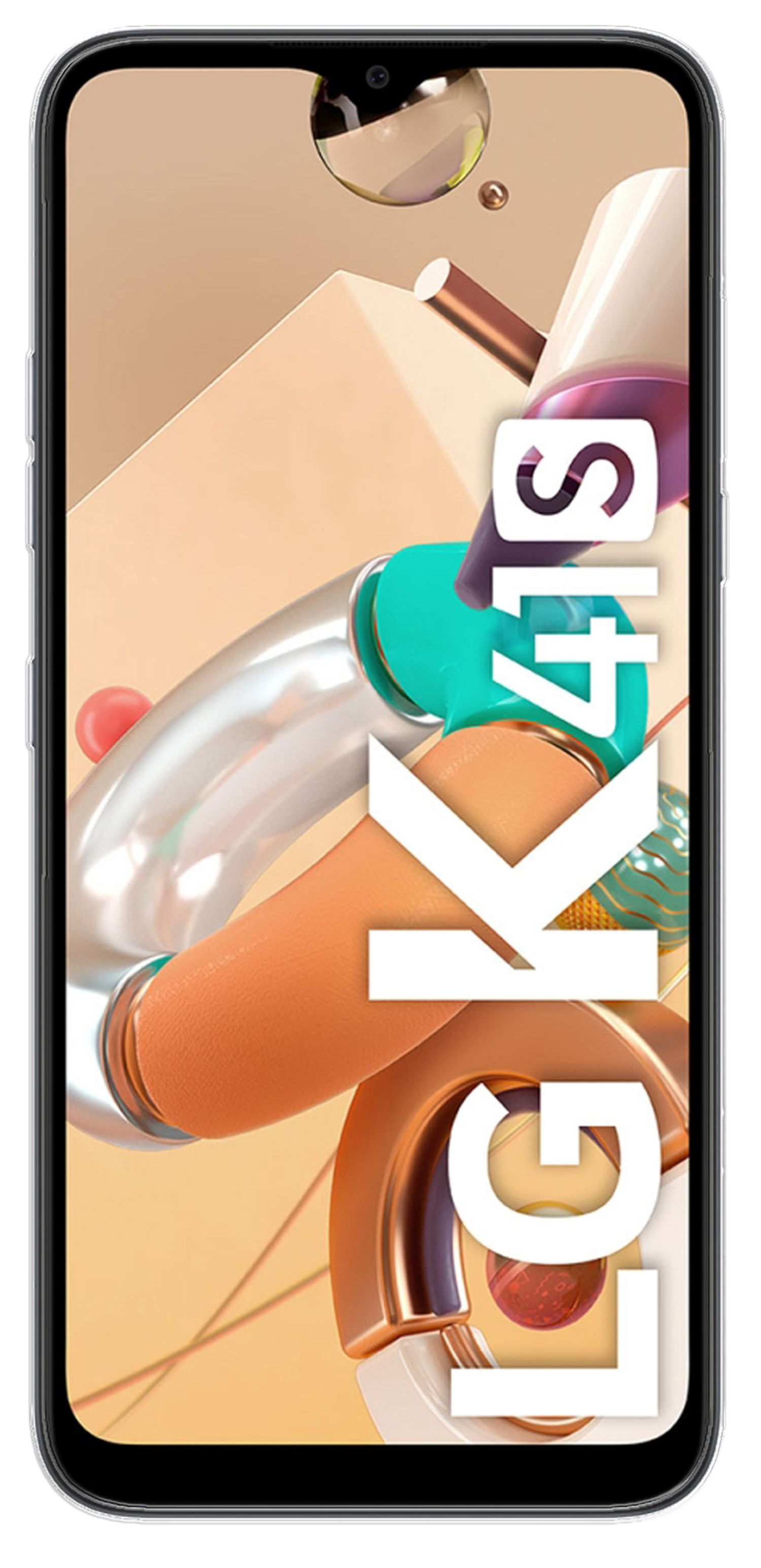 LG K41S-Telefonscreen, der abstrakte Kunst mit LG K41S in weißem Text zeigt.