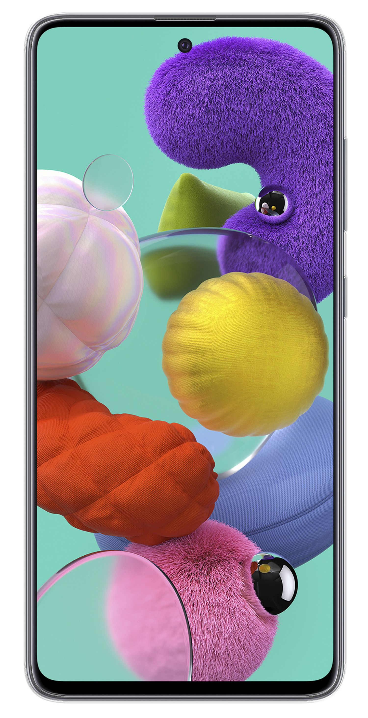 Ein Telefonbildschirm, der bunte abstrakte Formen anzeigt. Das Telefon hat silberne Ränder.