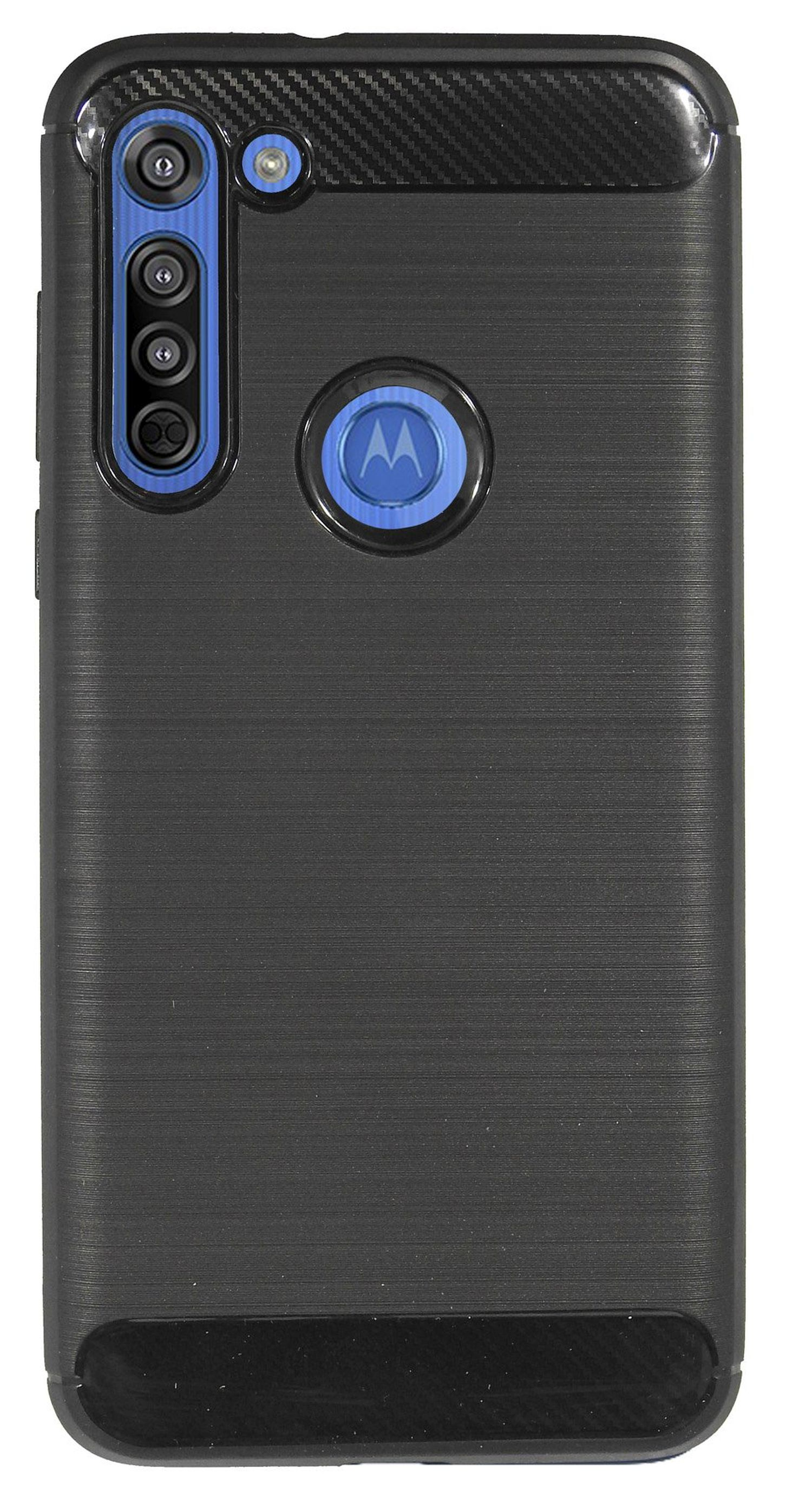 Schwarze Handyhülle mit strukturierter Rückseite und einem blauen Kreis auf der Rückseite mit dem Motorola-Logo.