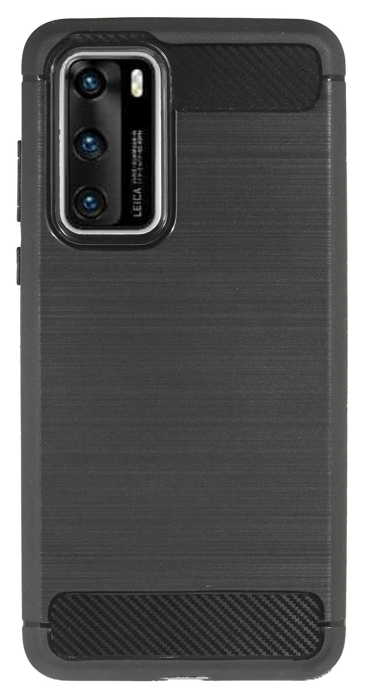 Schwarze Handyhülle mit strukturierter Oberfläche. Mit Kameraausschnitt und Carbonfaser-Design.