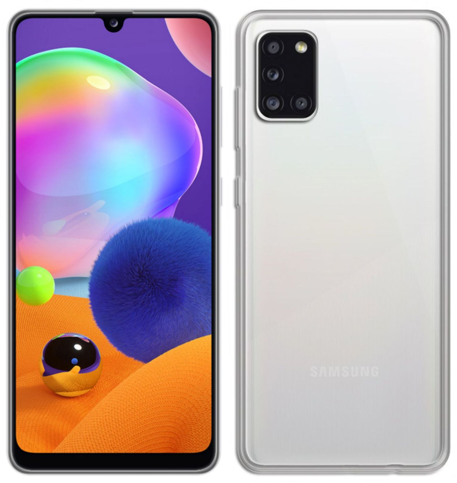 Weißes Telefon, Frontbild mit zwei Bällen und orangefarbenem Hintergrund.