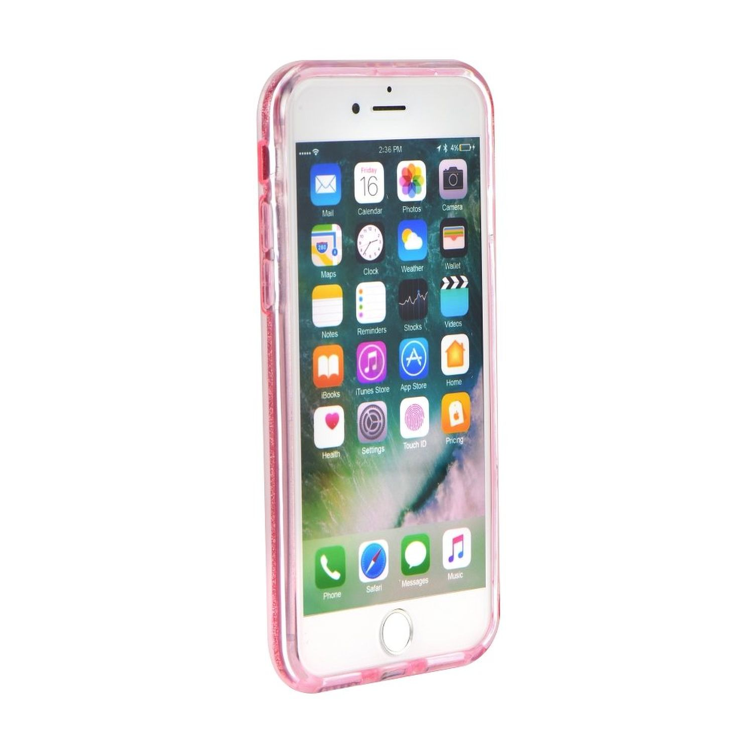 Weißes Telefon mit pinkfarbener Glitzerhülle. Der Bildschirm zeigt App-Symbole und das Datum.