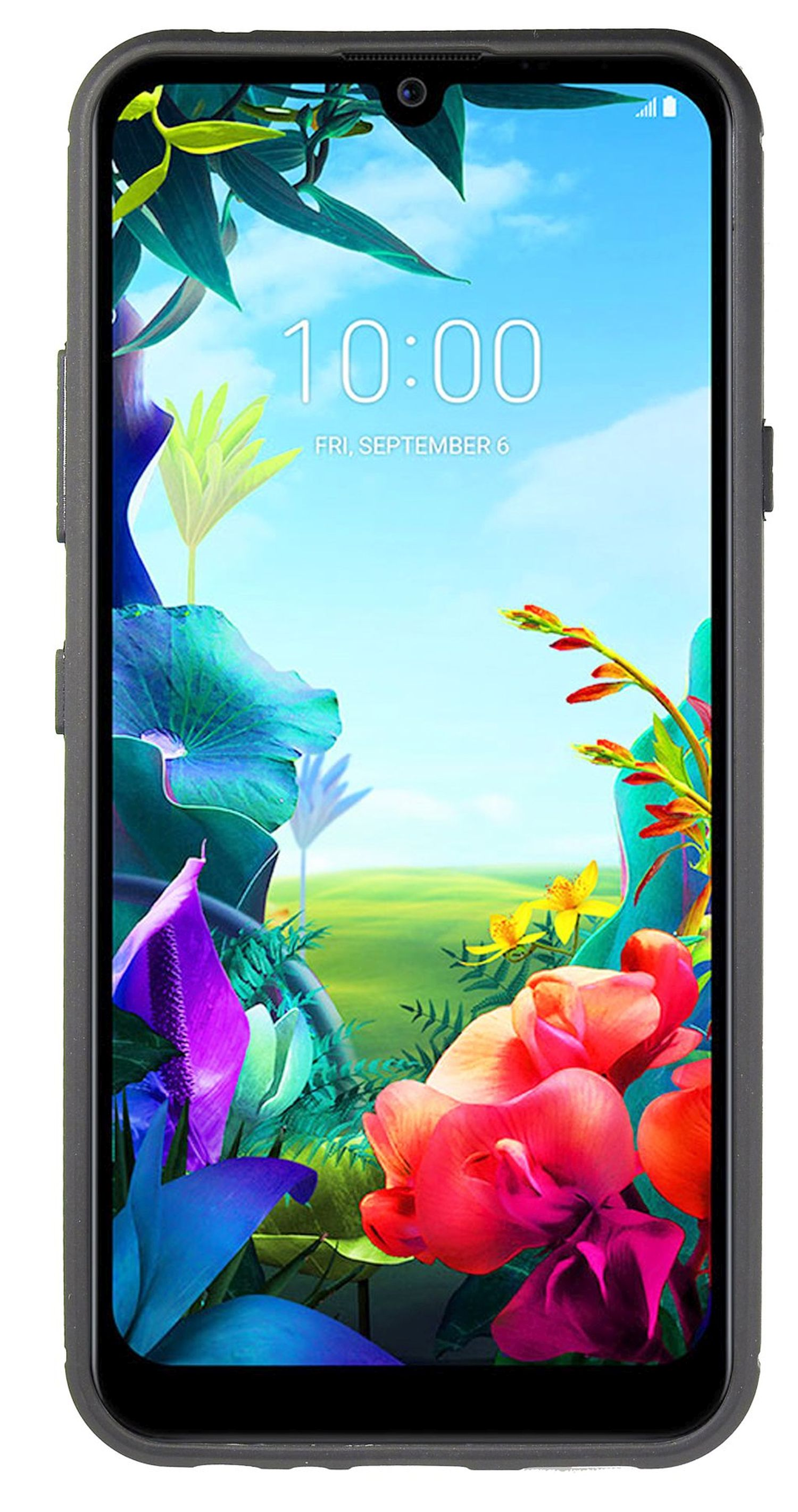 Ein Telefon mit einem farbenfrohen Blumentapete in einer Hülle. Die Hülle ist schwarz und hat Seitentasten.