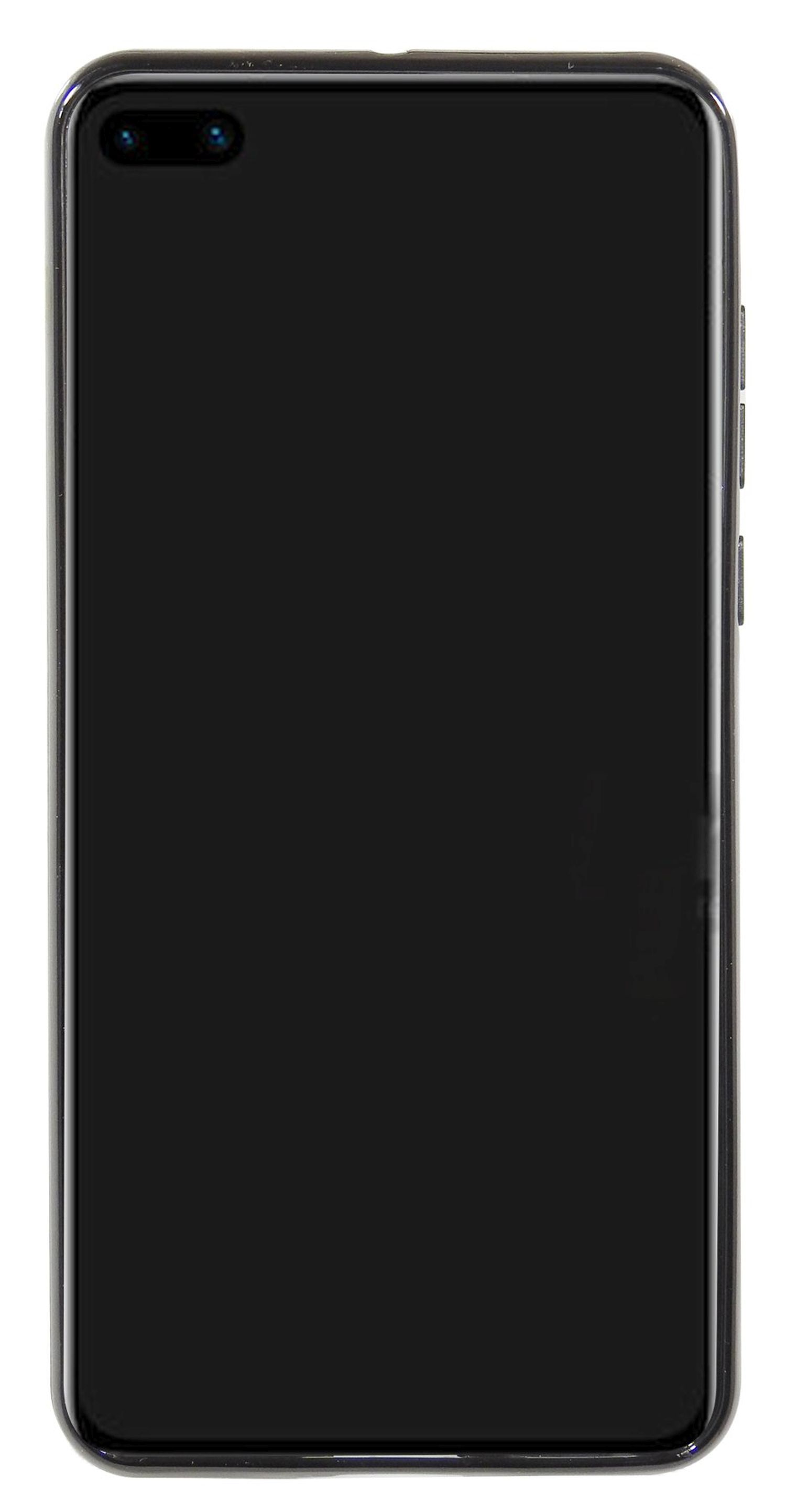 Schwarzes Smartphone, Bildschirm an, mit schwarzem Rahmen, vor weißem Hintergrund.