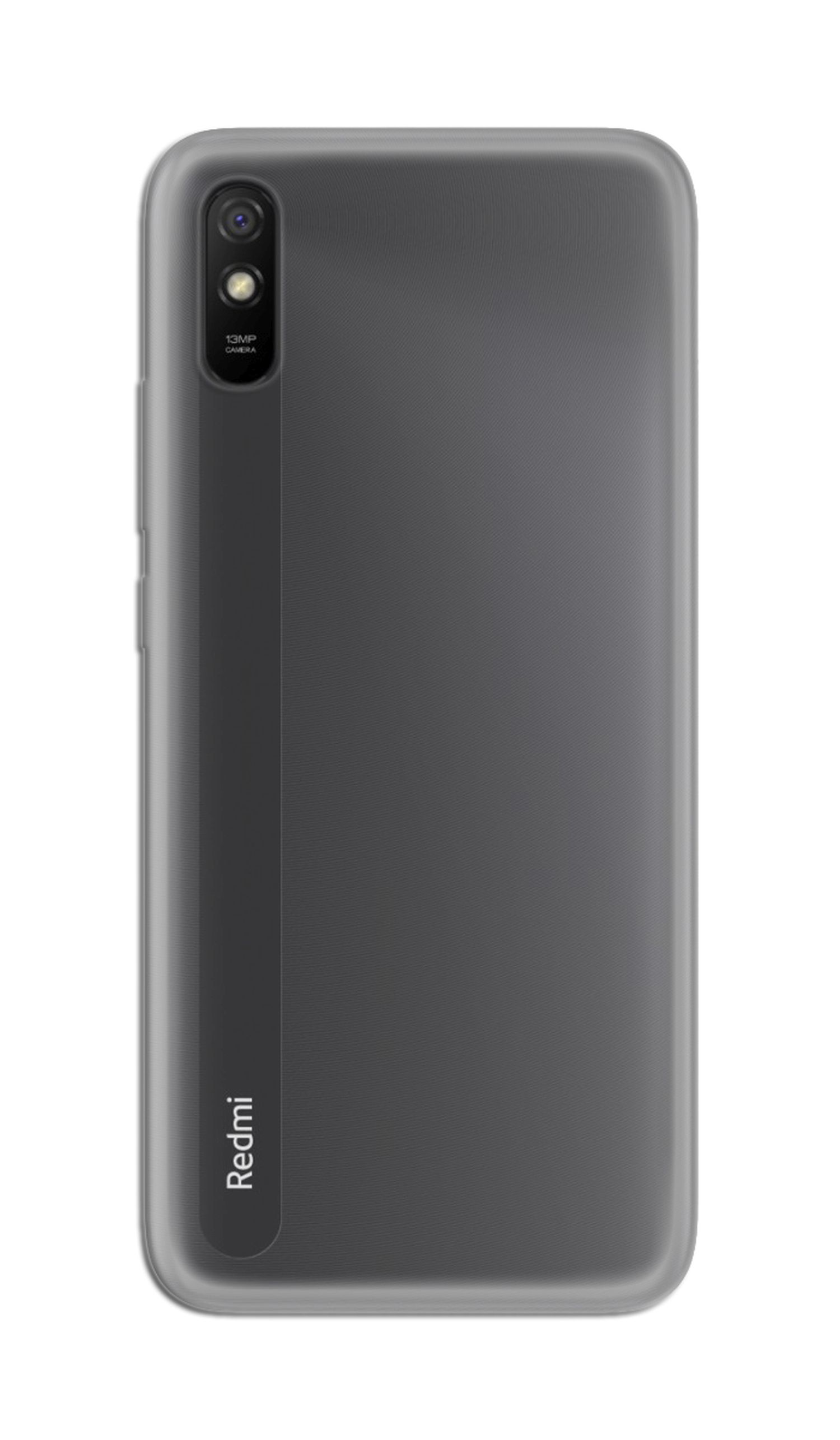 Graues Telefon, Rückansicht, mit Kamera und der Marke 'Redmi'.