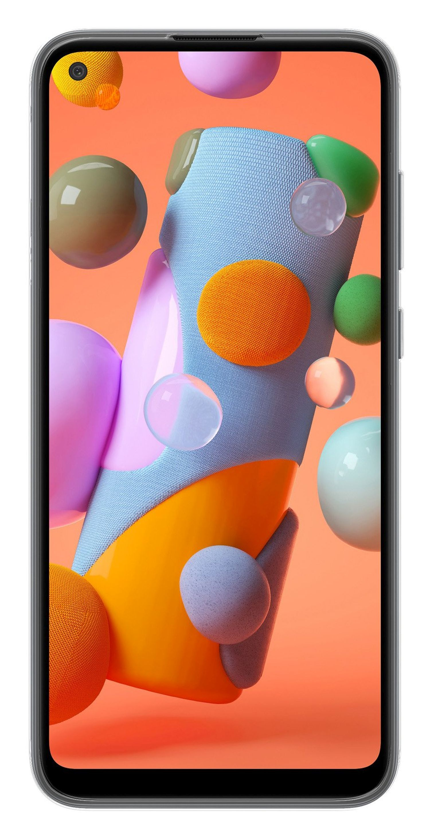 Una pantalla de teléfono inteligente con un fondo de pantalla abstracto colorido. Varias formas y colores sobre un fondo naranja.