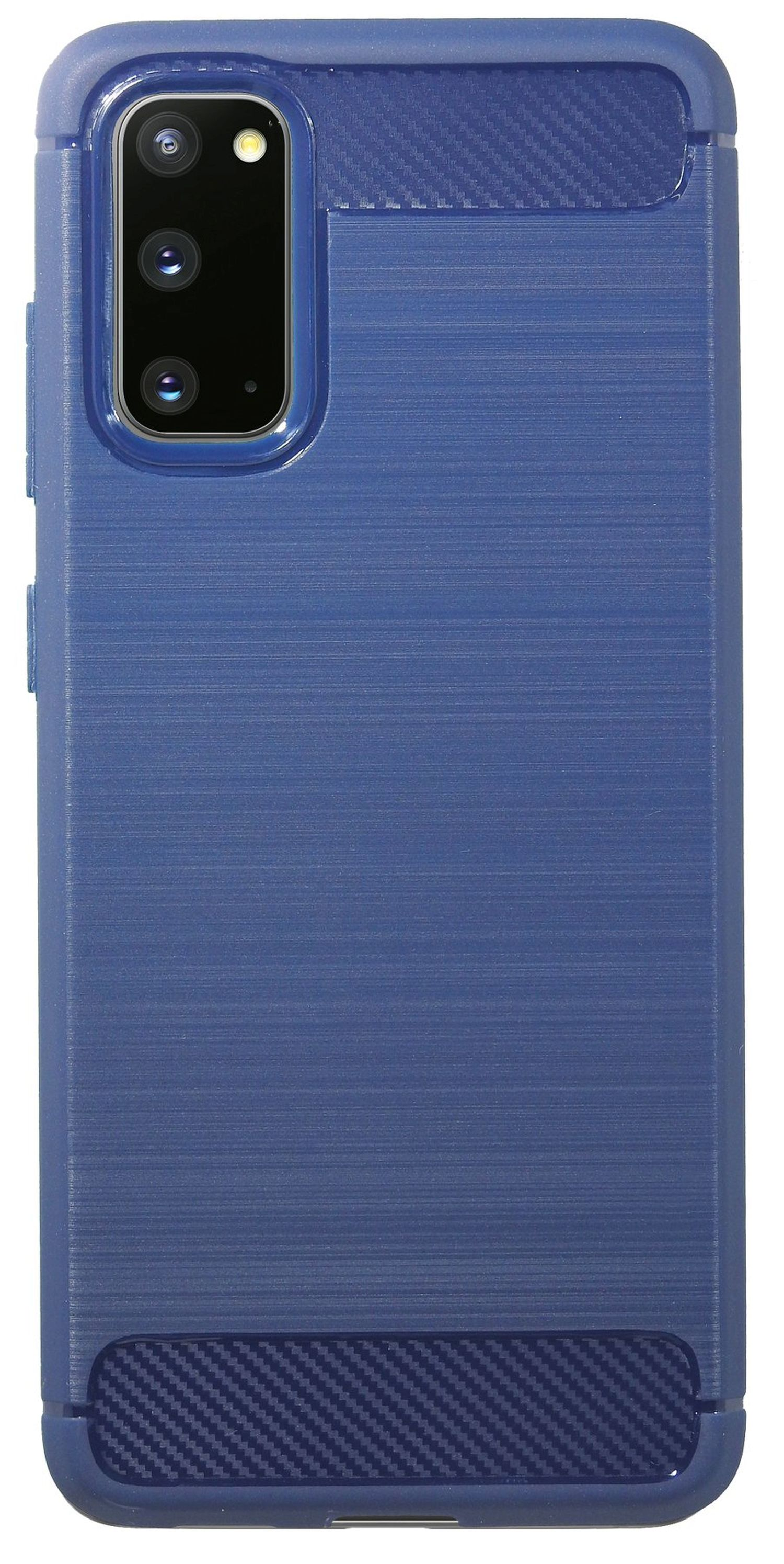 Blaue Handyhülle mit Kamera und strukturiertem Muster. Schwarze Carbonfaser-Akzente.