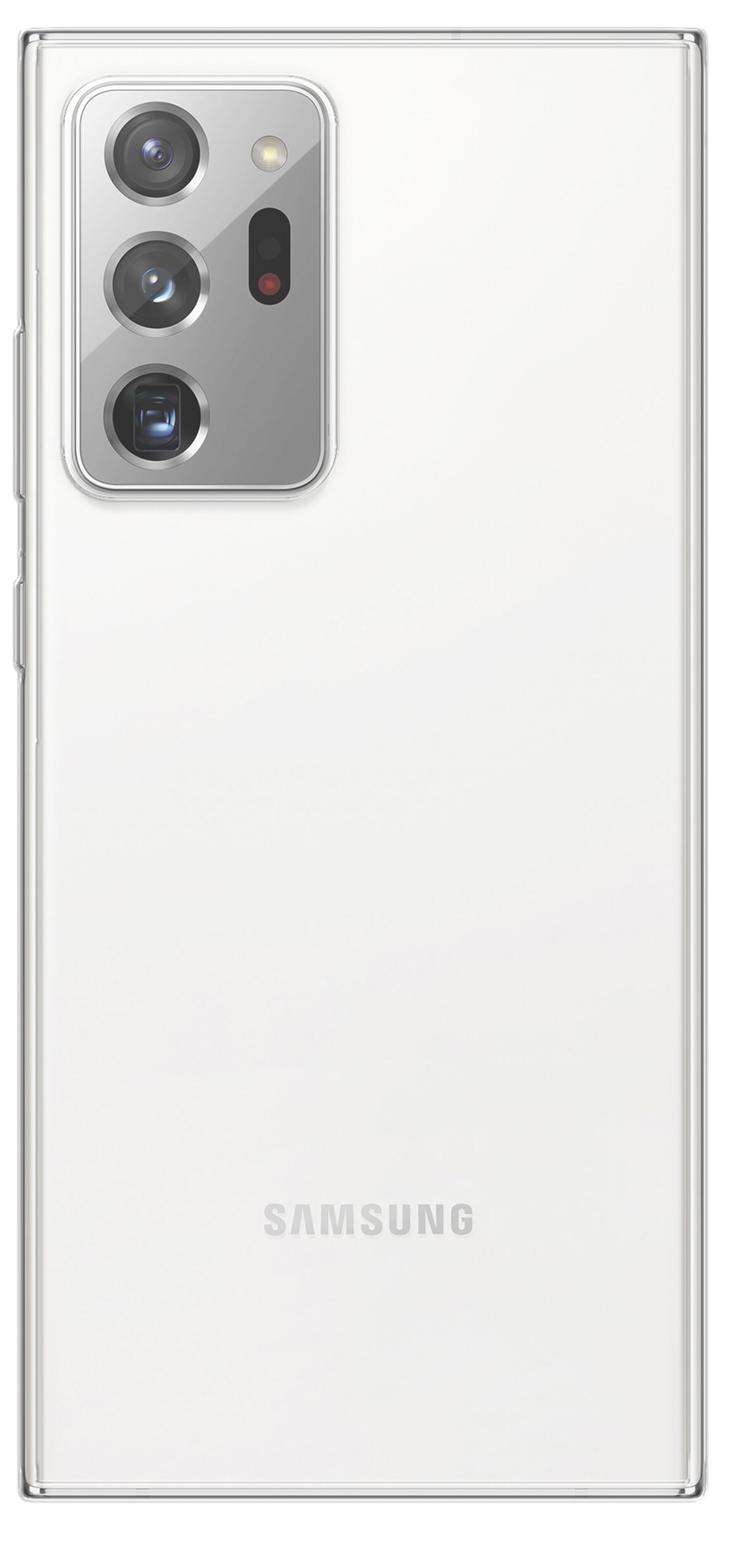 Ein weißes Telefon mit drei Kameras auf der Rückseite. Das Wort "SAMSUNG" ist unten gedruckt. Weißer Hintergrund.