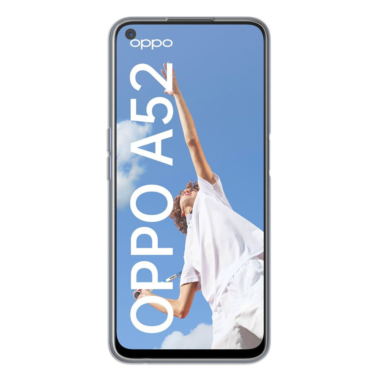 Oppo A52-Telefonbildschirm mit einer Person, die gegen einen blauen Himmel greift.