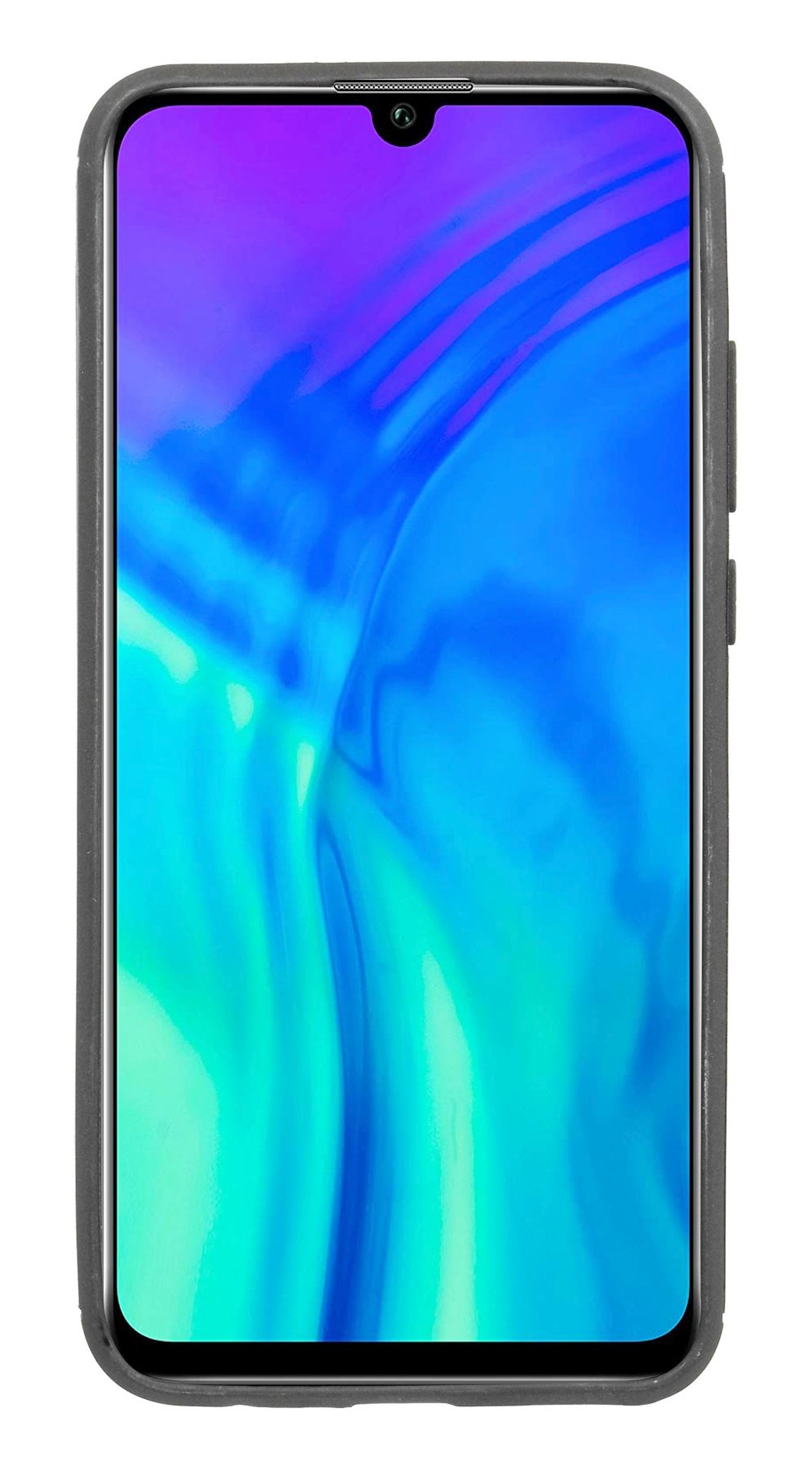Smartphone-Bildschirm, der einen blau-lila Farbverlauf anzeigt. Das Telefon befindet sich in einer grauen Hülle.