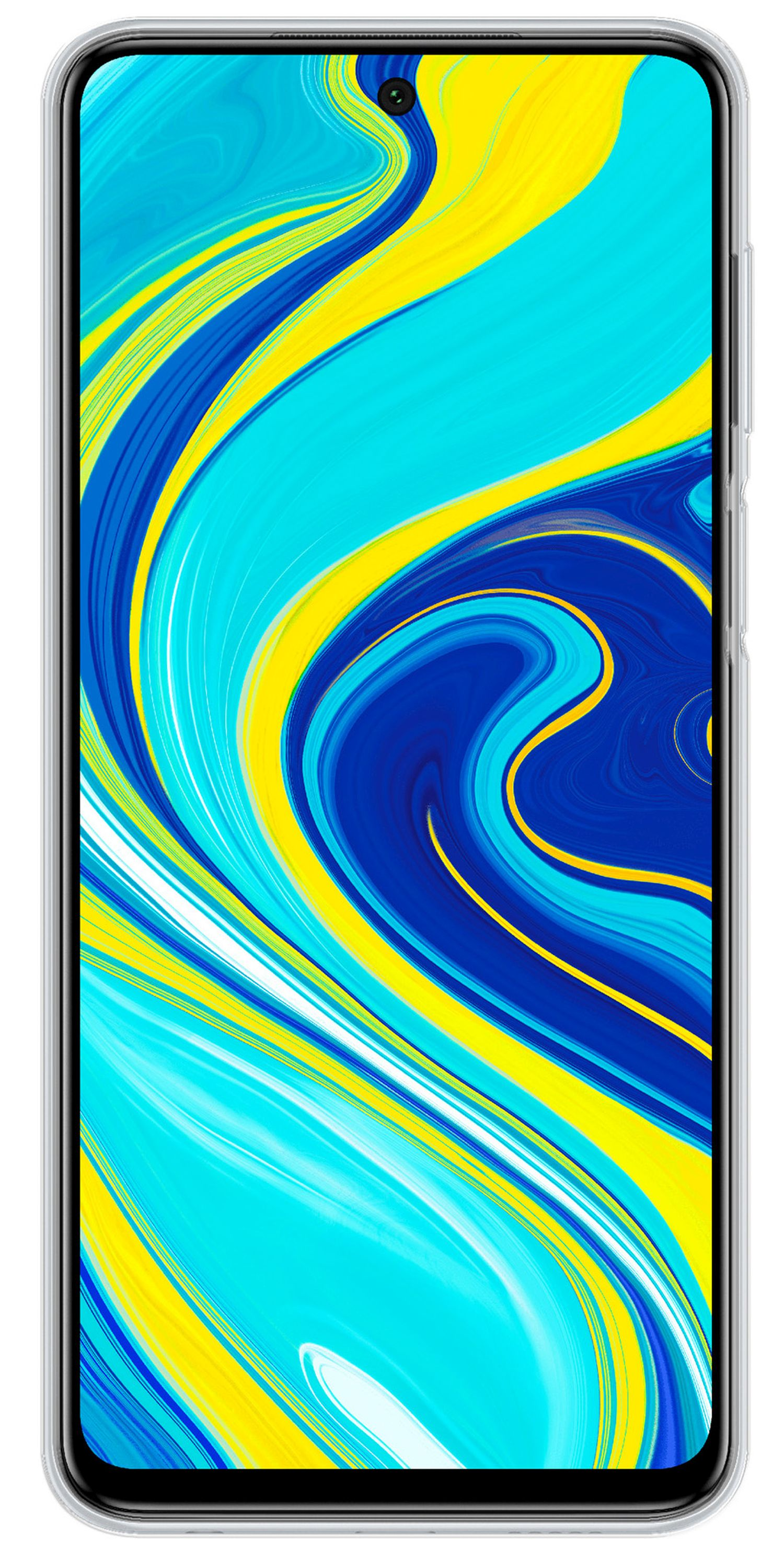 Smartphone mit blau-gelbem Wirbelmuster auf dem Bildschirm, transparente Hülle. Das Telefon ist eingeschaltet.
