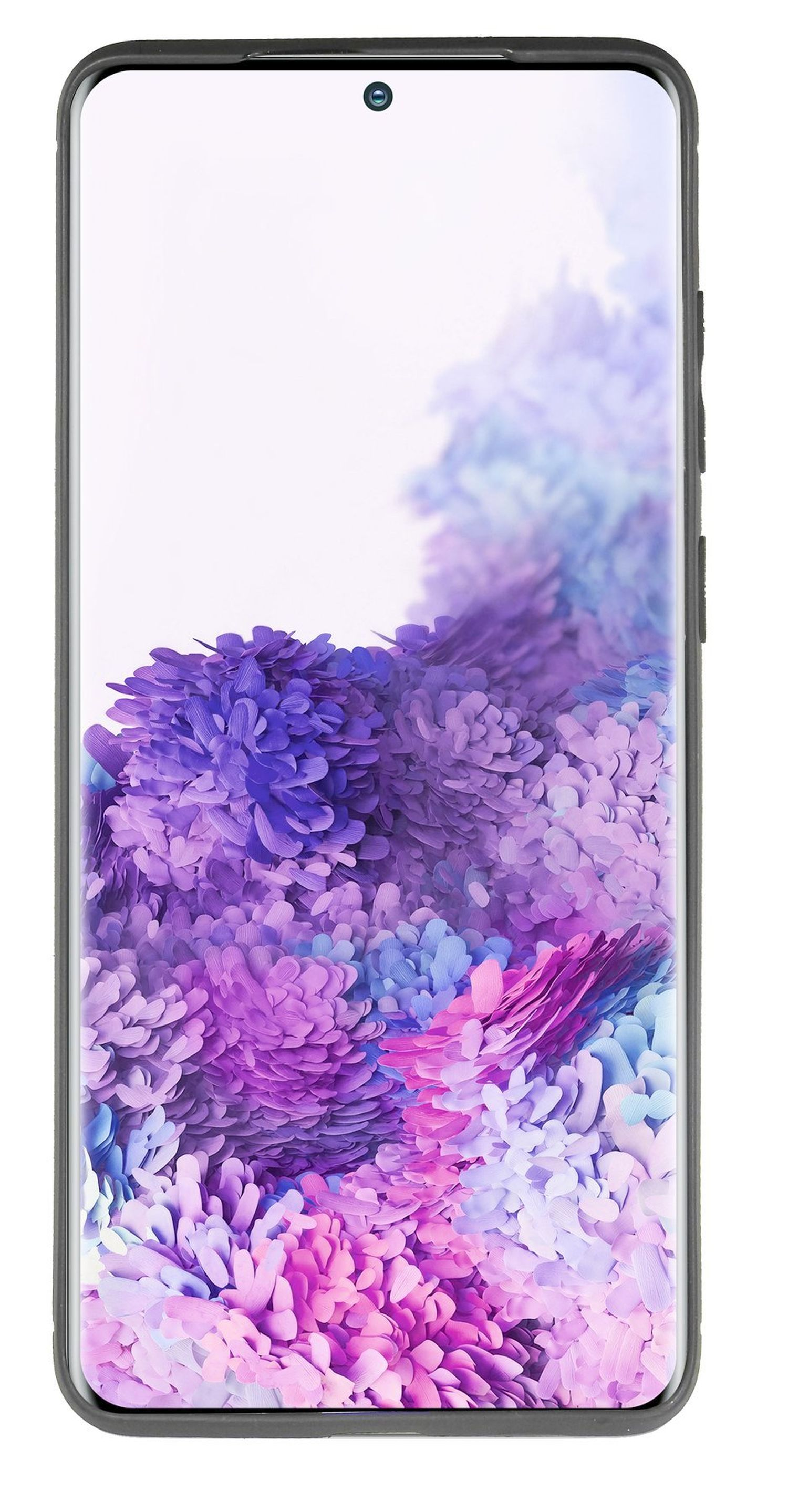 Smartphone mit farbenfrohem Bildschirm. Der Bildschirm zeigt Blumen in Lila, Rosa und Blau.