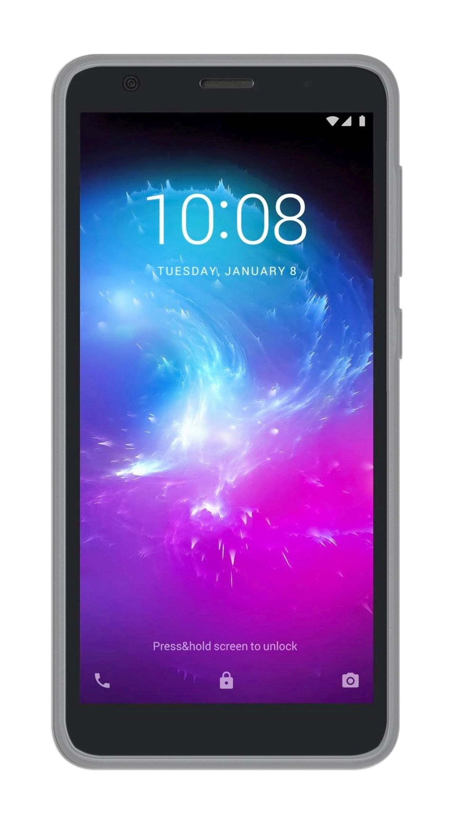 Schwarzes Smartphone mit Anzeige von Uhrzeit und Datum. Weißer Hintergrund.