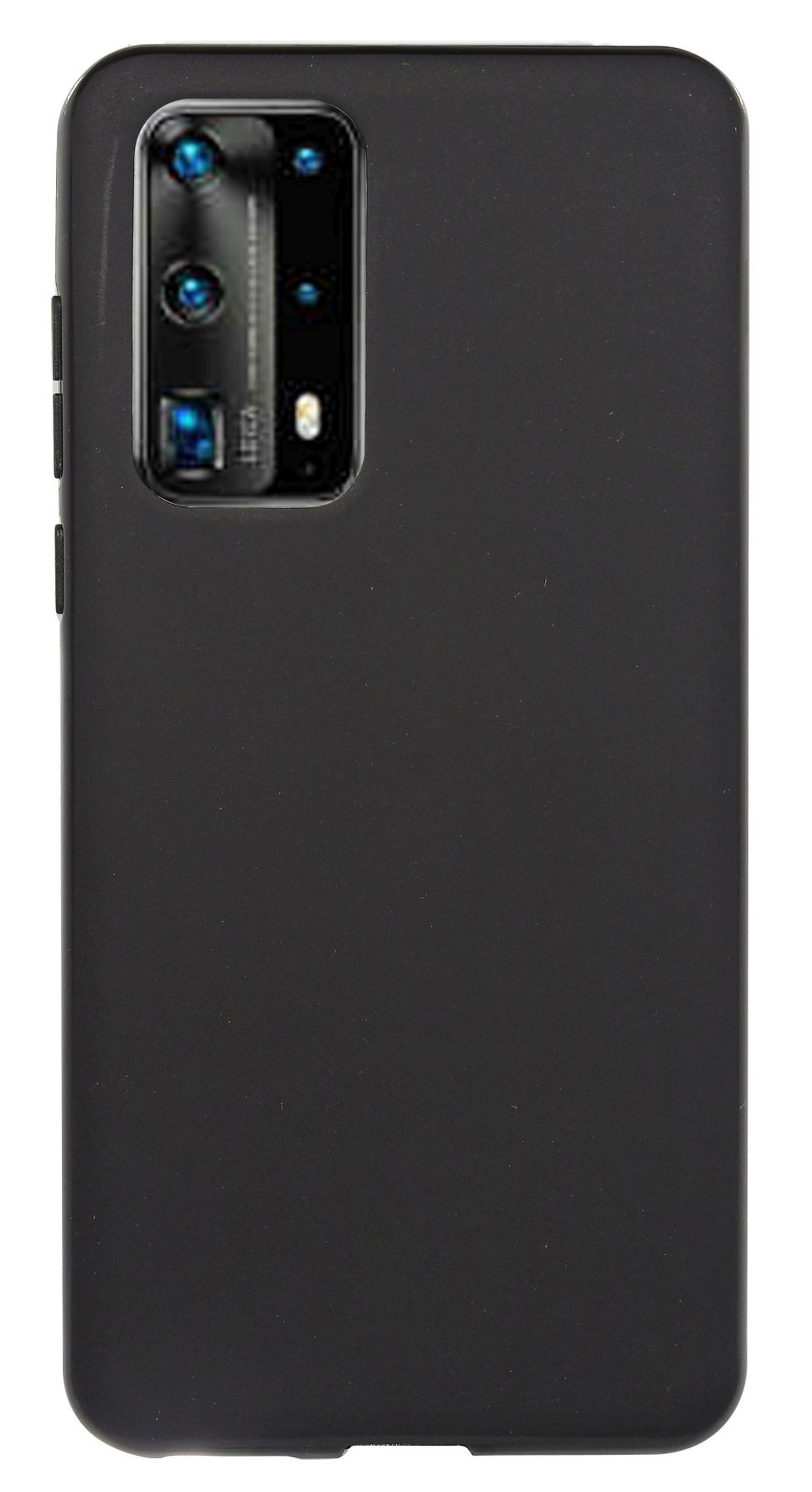 Eine schwarze Handyhülle mit Kameraausschnitt. Das Telefon hat ein rechteckiges Kameramodul.