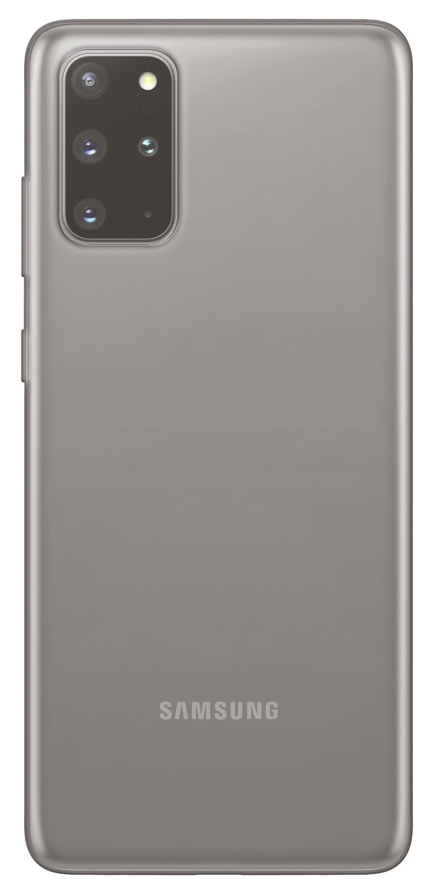 Graue Telefonrückseite. Samsung-Logo sichtbar, mehrere Kameralinsen. Graue Farbe.