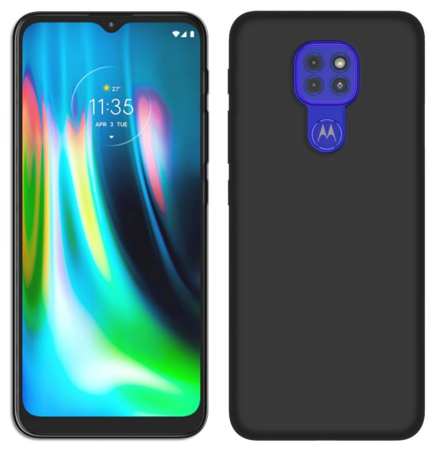 Schwarzes Telefon mit eingeschaltetem Bildschirm, der die Uhrzeit anzeigt. Schwarze Handyhülle mit blauem Kameragehäuse.