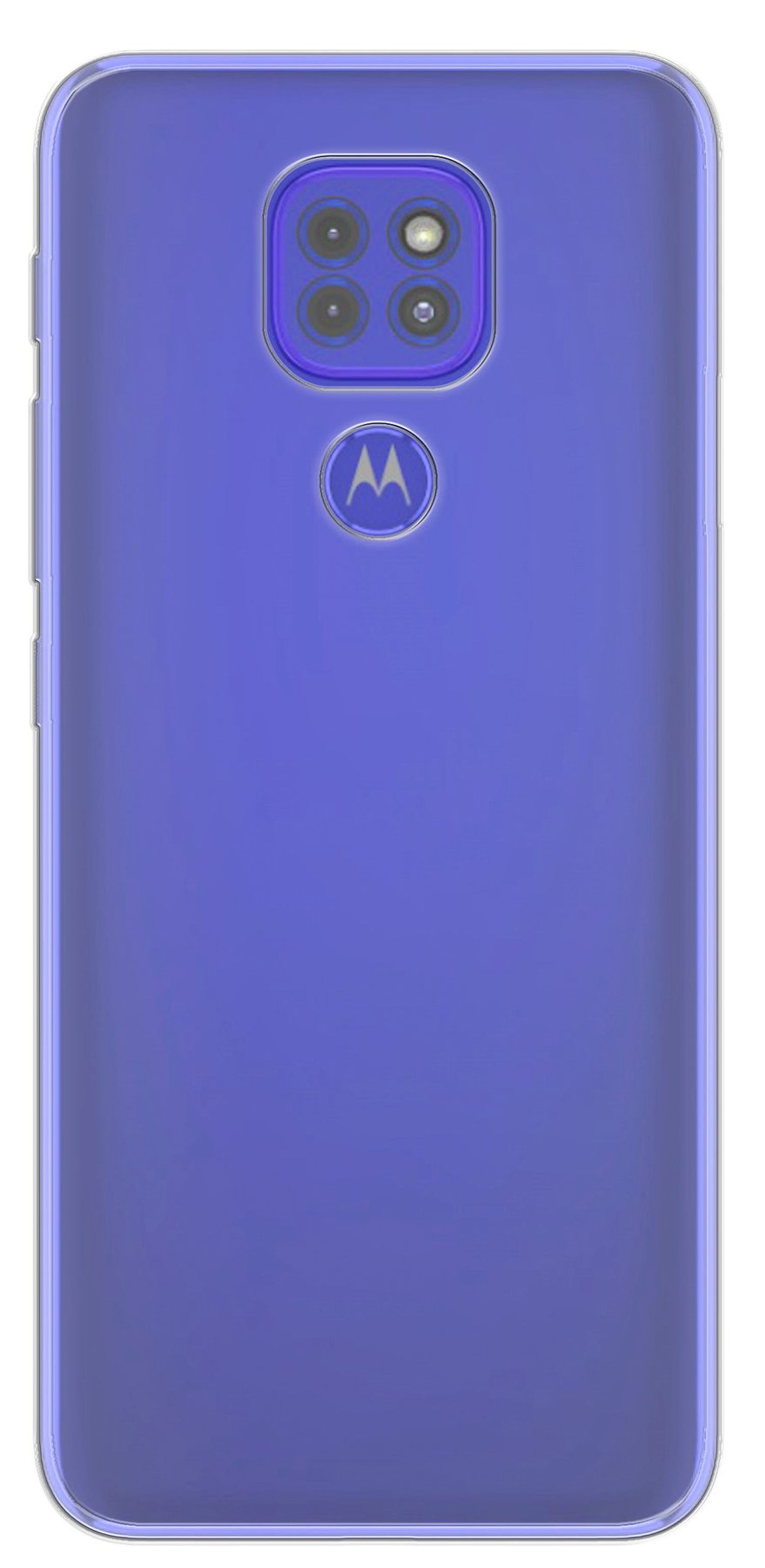 Lila Handyhülle, eine klare Rückseite, mit einem Motorola-Logo und Kameraausschnitt.