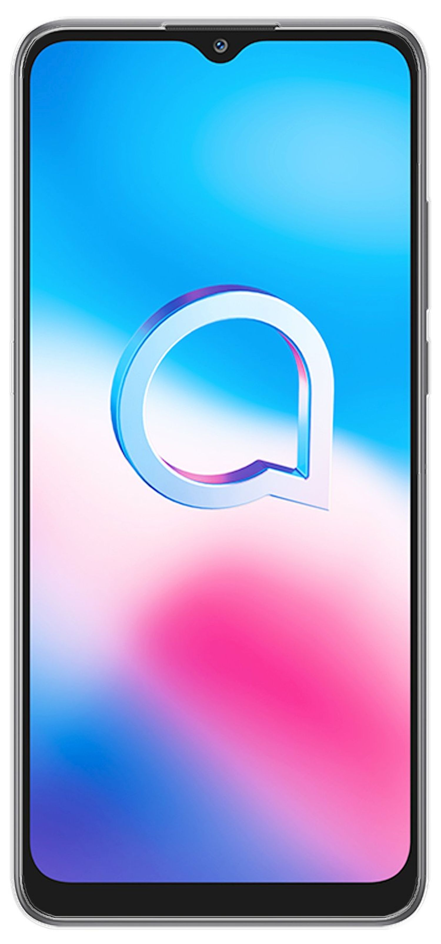 Telefon, zeigt einen blau-rosa Bildschirm mit einem „O“-Logo.