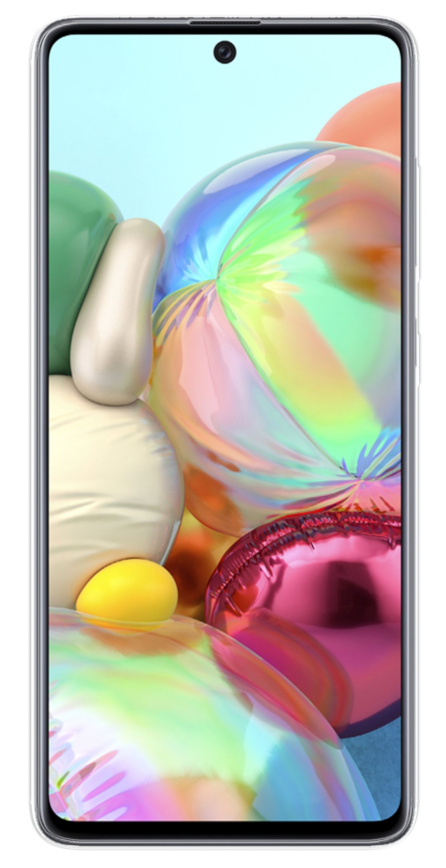 Ein Smartphone mit einem farbenfrohen abstrakten Hintergrund aus Formen, mit einer durchsichtigen Hülle.