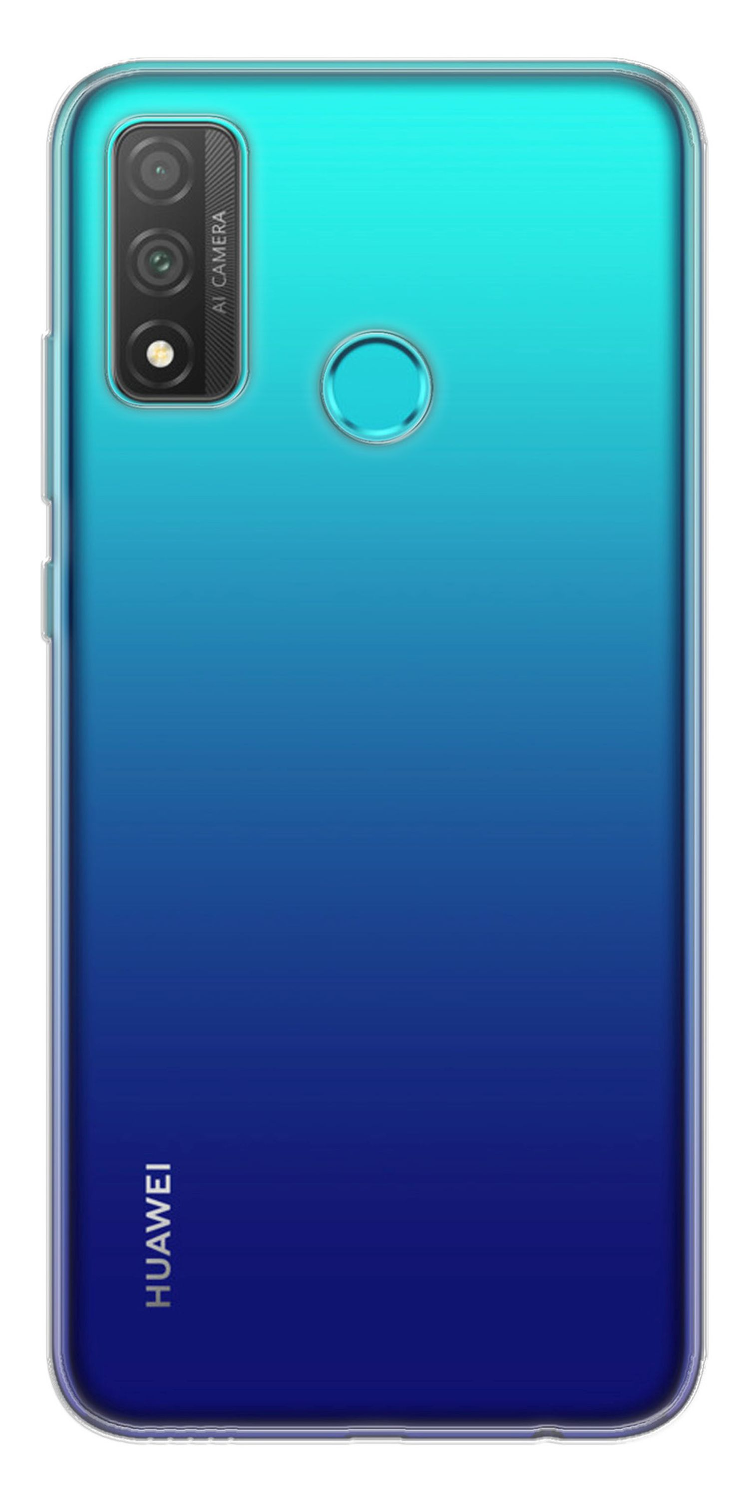 Blaues Huawei-Handy mit Kameramodul und Logo. Transparente Hülle.