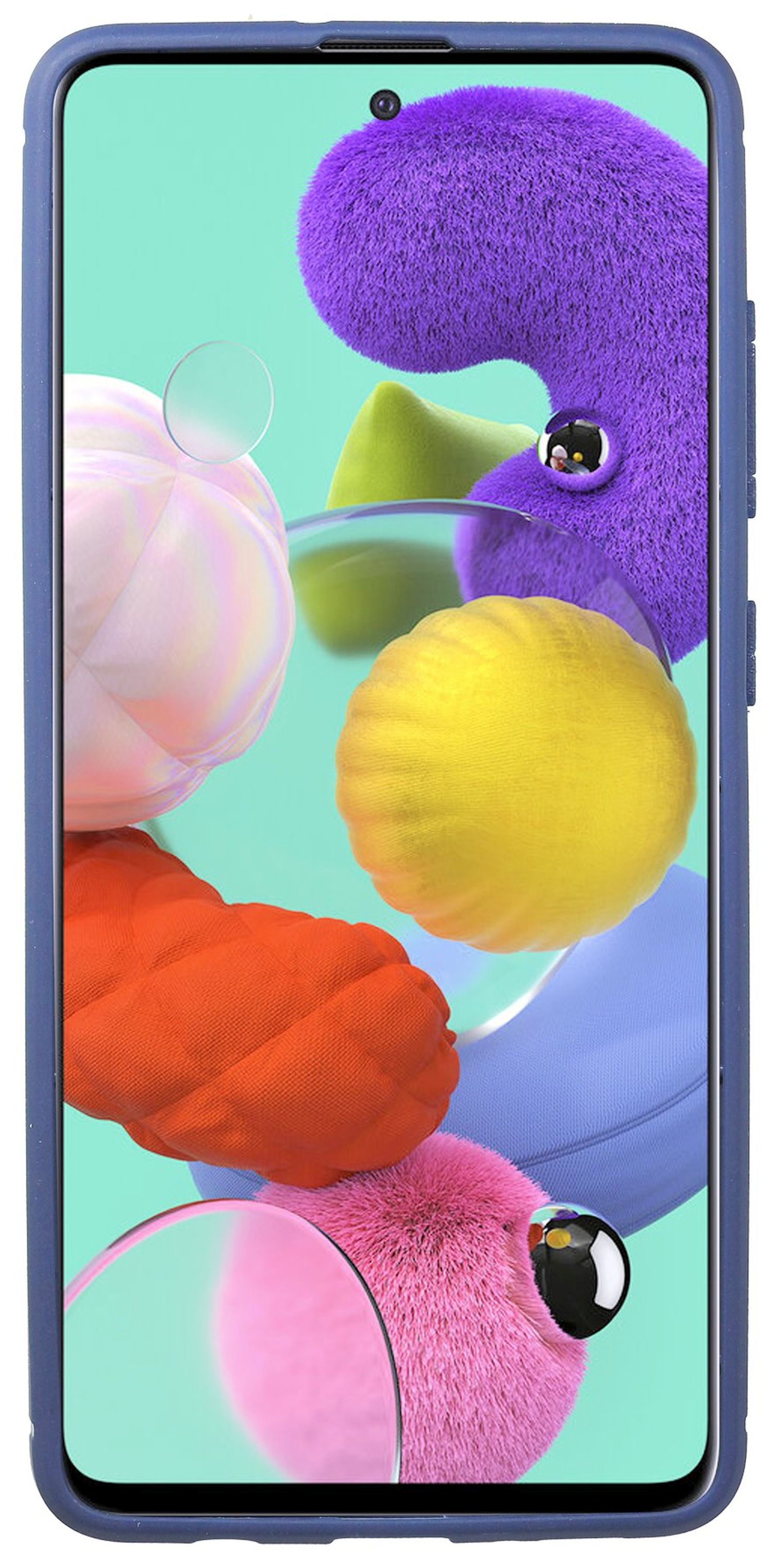 Ein Telefon mit einem abstrakten Bild in einer blauen Hülle. Das Bild enthält bunte abstrakte Formen.