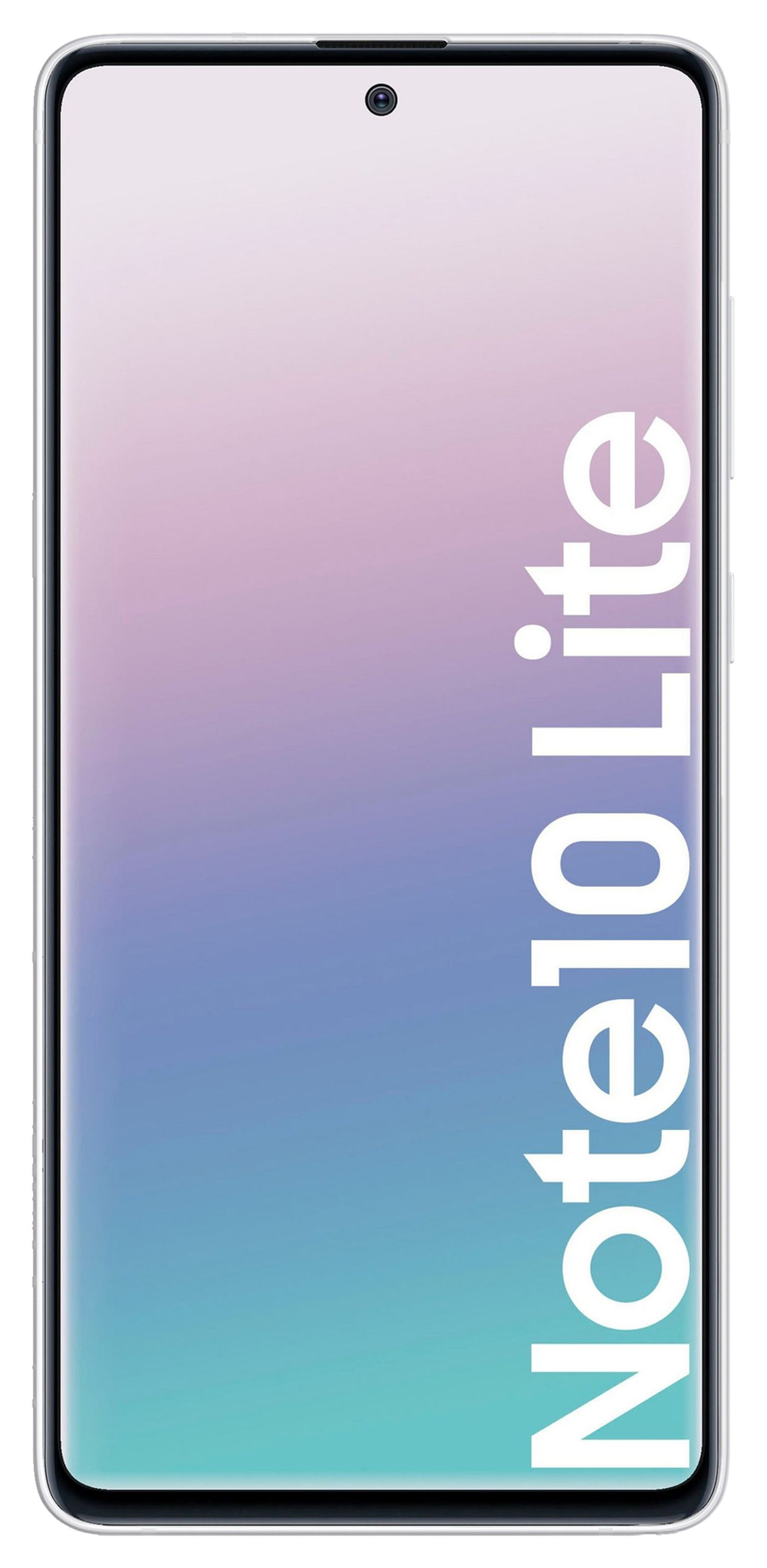 Ein weißes Smartphone mit senkrecht geschriebenem 'Note10 Lite'. Der Bildschirm hat einen Farbverlauf.