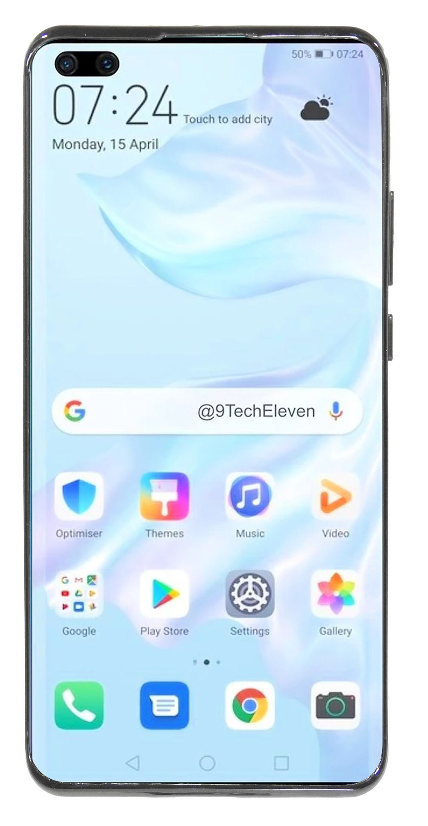 Ein Smartphone mit hellem Bildschirm, der einen Startbildschirm mit App-Symbolen zeigt. Es zeigt Uhrzeit und Datum.