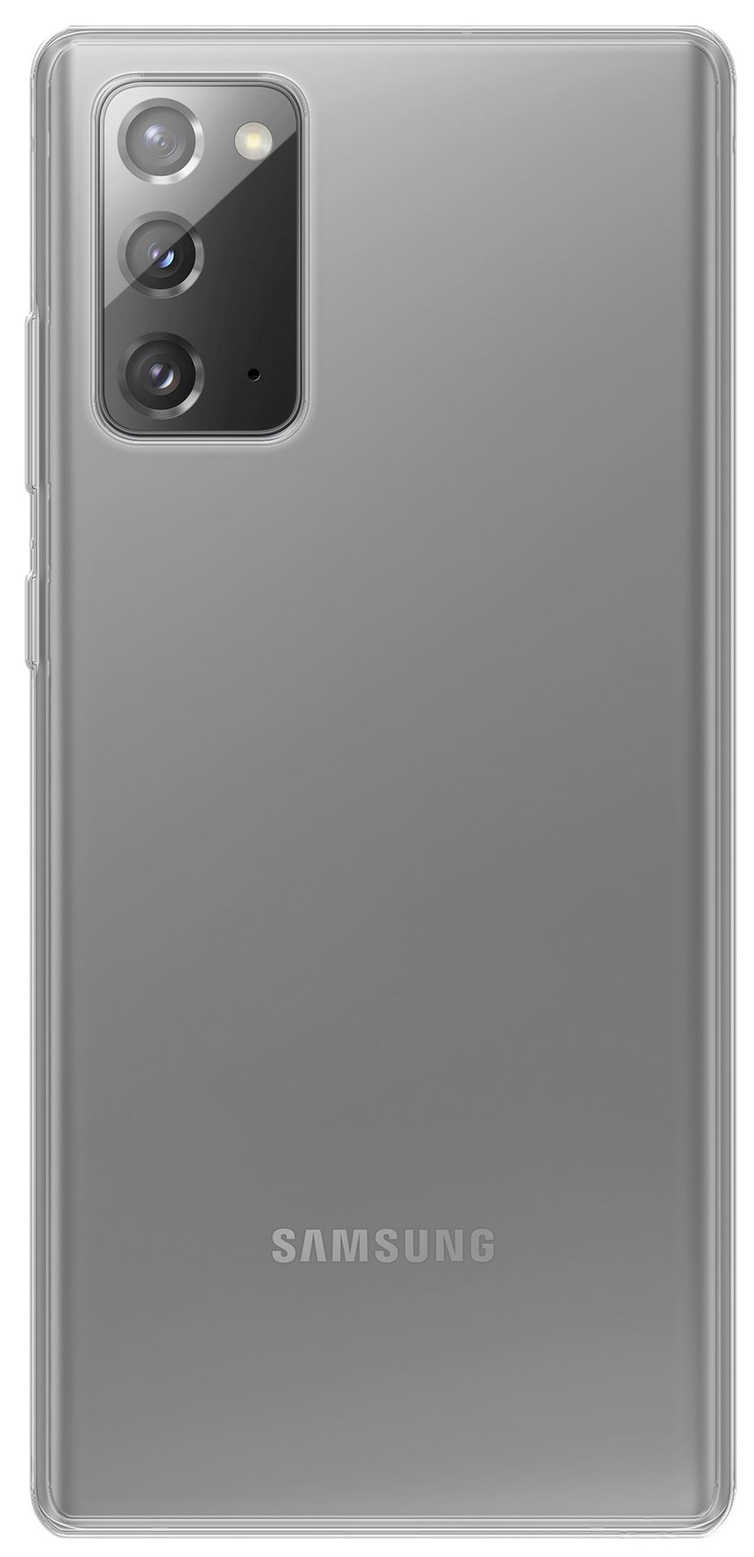 Graue Telefonrückseite mit Dreifachkamera und Samsung-Logo.