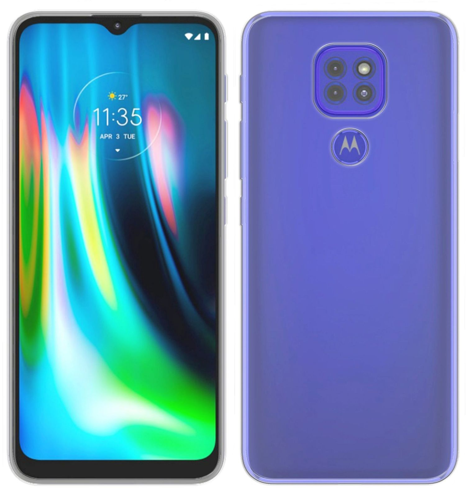 Blaues Telefon vorne und hinten. Vier Kameras auf der Rückseite. Weißer Hintergrund.