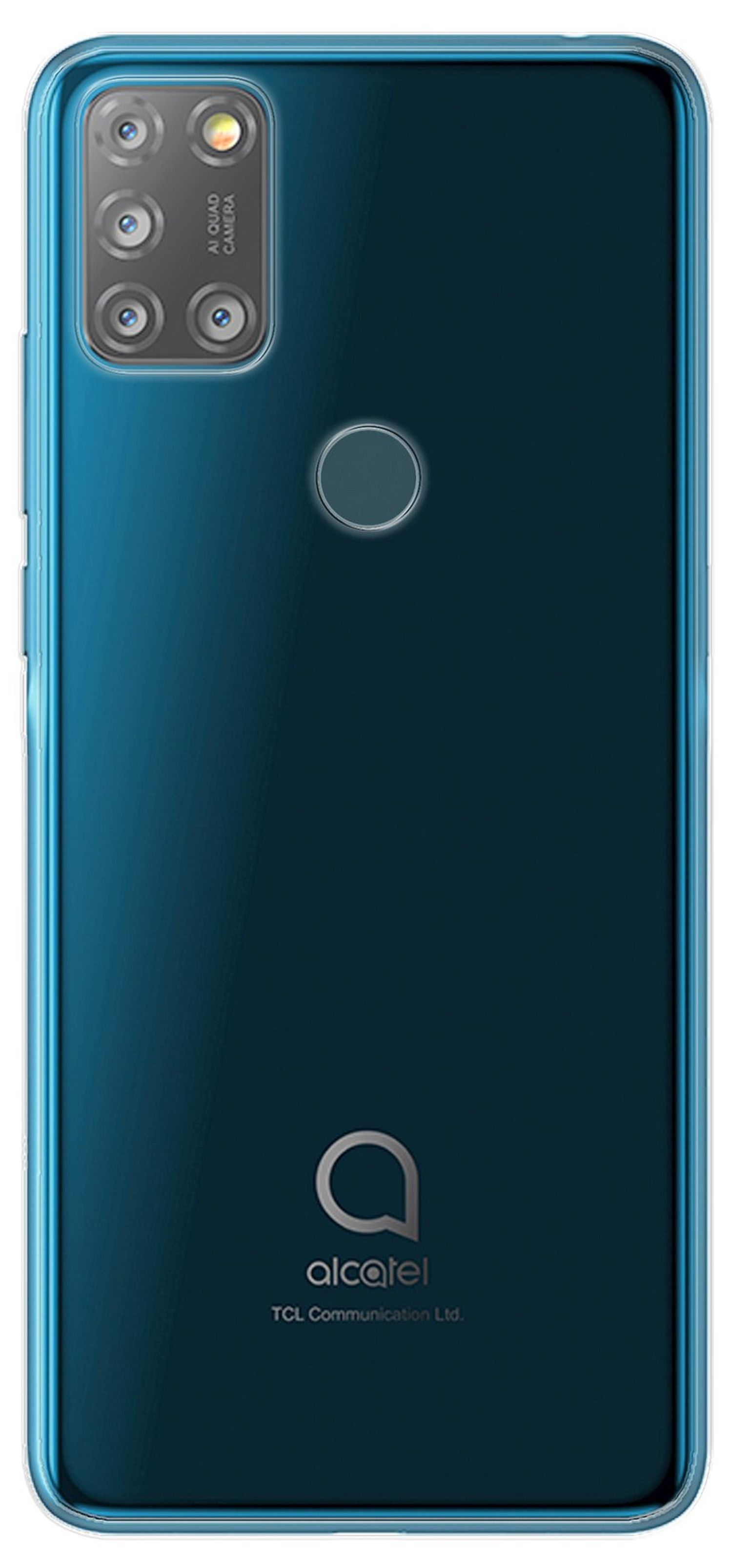 Ein teal-farbenes Alcatel-Telefon mit Hülle, Rückseite mit Kameras und Logo.
