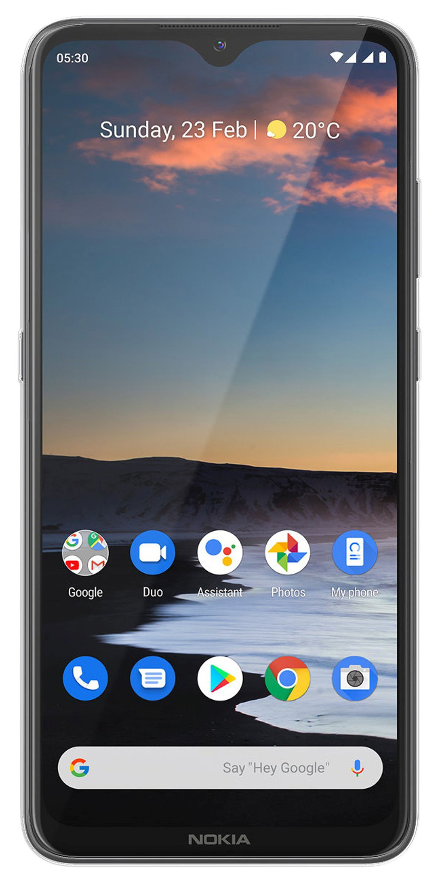 Nokia-Smartphone mit Homescreen. Datum, Uhrzeit und Temperatur werden angezeigt.