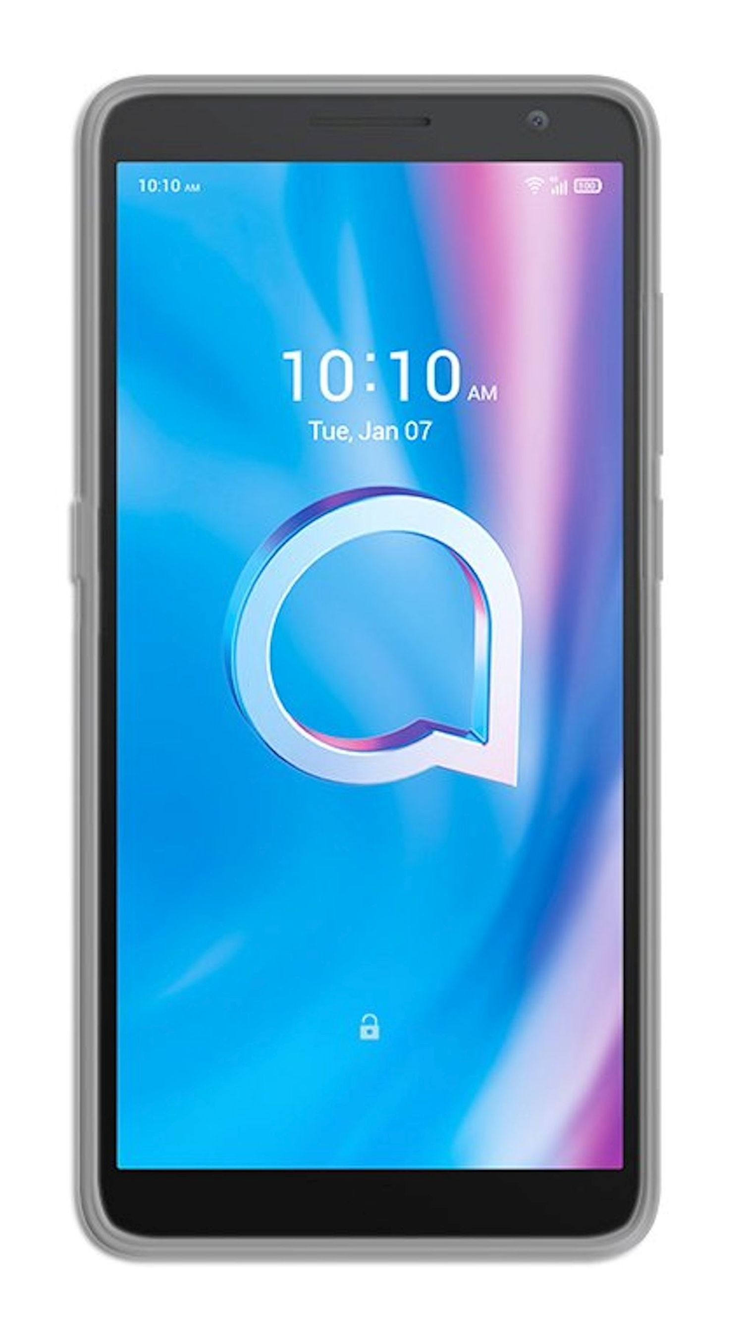 Smartphone in klarer Hülle, zeigt Zeit und blau-rosa Hintergrund.