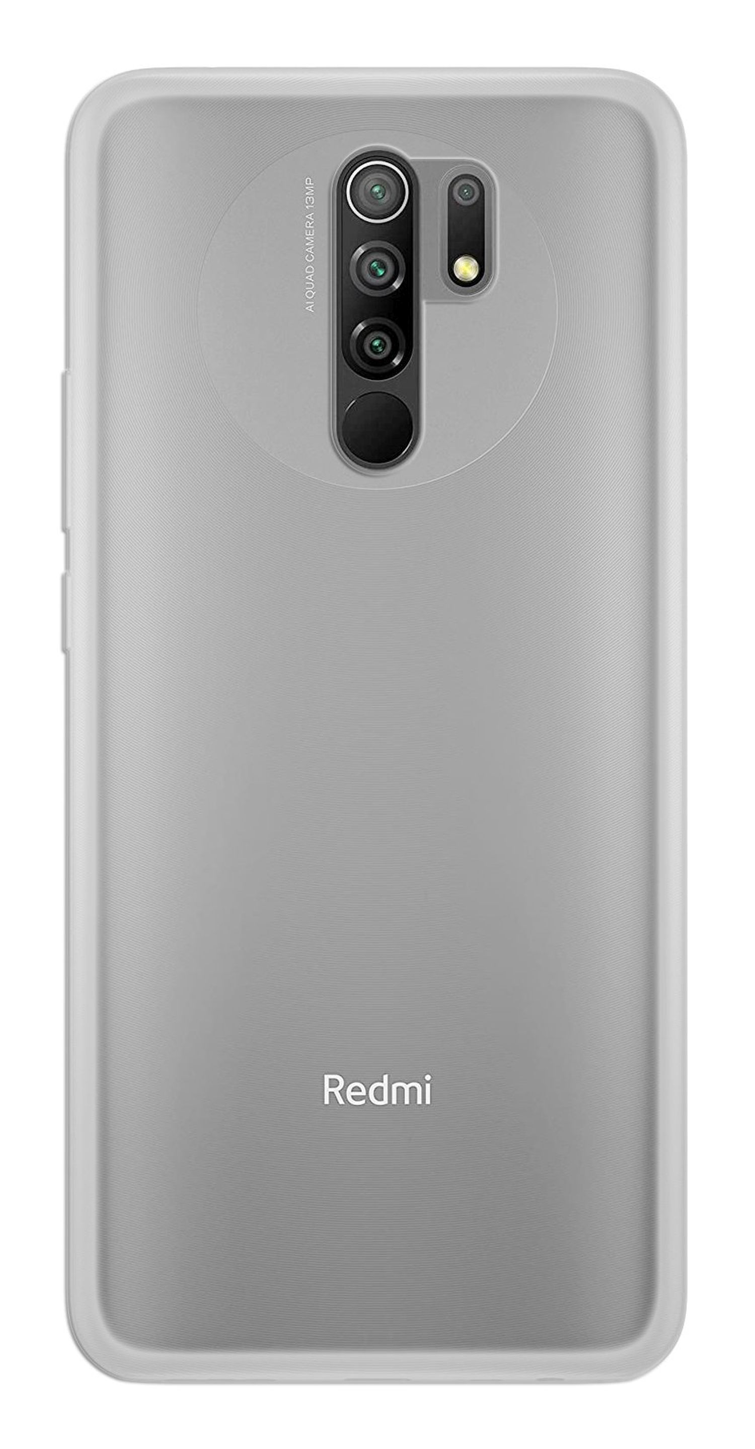 Eine hellgraue Telefonrückseite mit mehreren Kameras und dem Wort Redmi.
